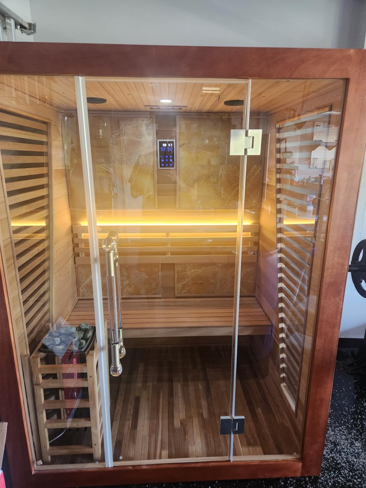 Smartmak Wood Home Steam Sauna, 3 Person Canadian Hemlock Traditional Luxurious Wooden Indoor Spa Room, with 3.5 kw Heater, Bluetooth Speaker, Rocks, Water Bucket, Spoon, Lights, US Instock - Customer Photo 1