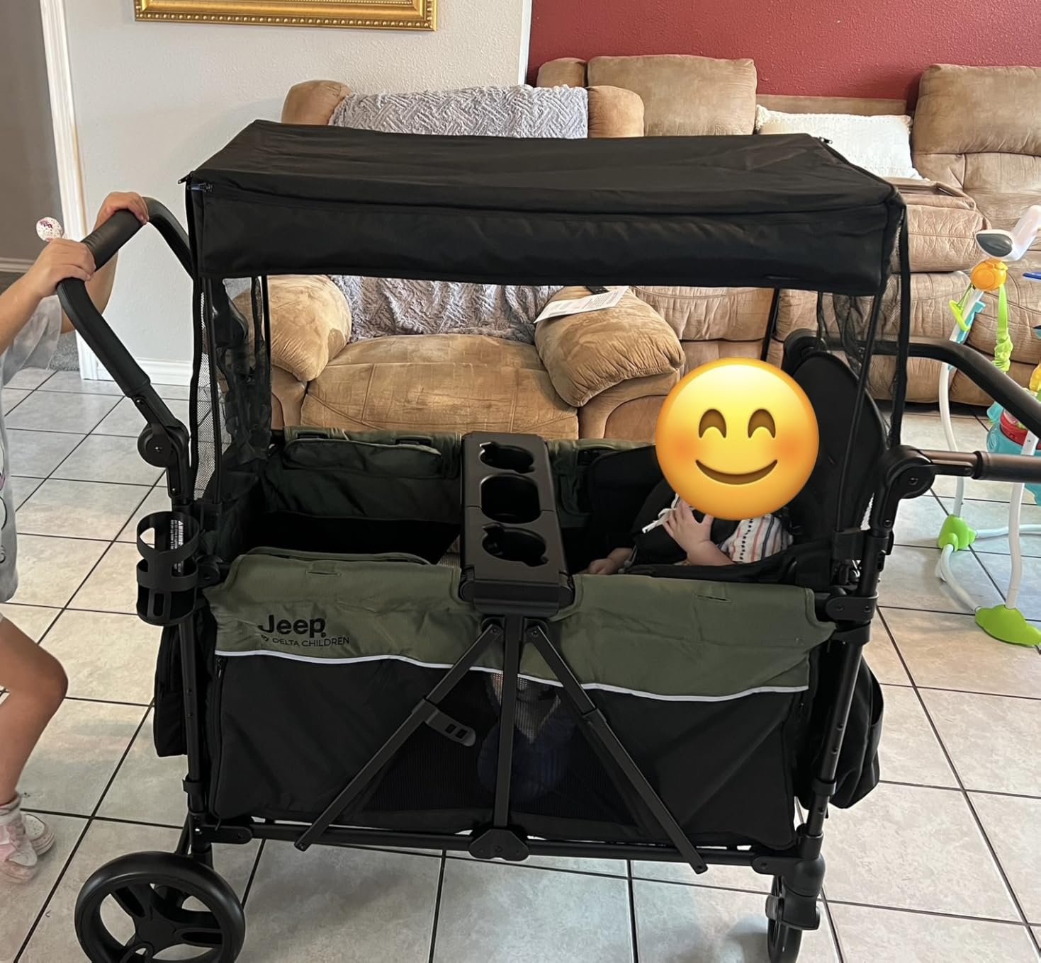Jeep Aries Stroller Wagon by Delta Children Premium Wagon for 2 Kids with Convertible Seats, Adjustable Push/Pull Handles, Removable Canopy & Flat Fold - Greenguard Gold Certified, Black/Green - Customer Photo 2