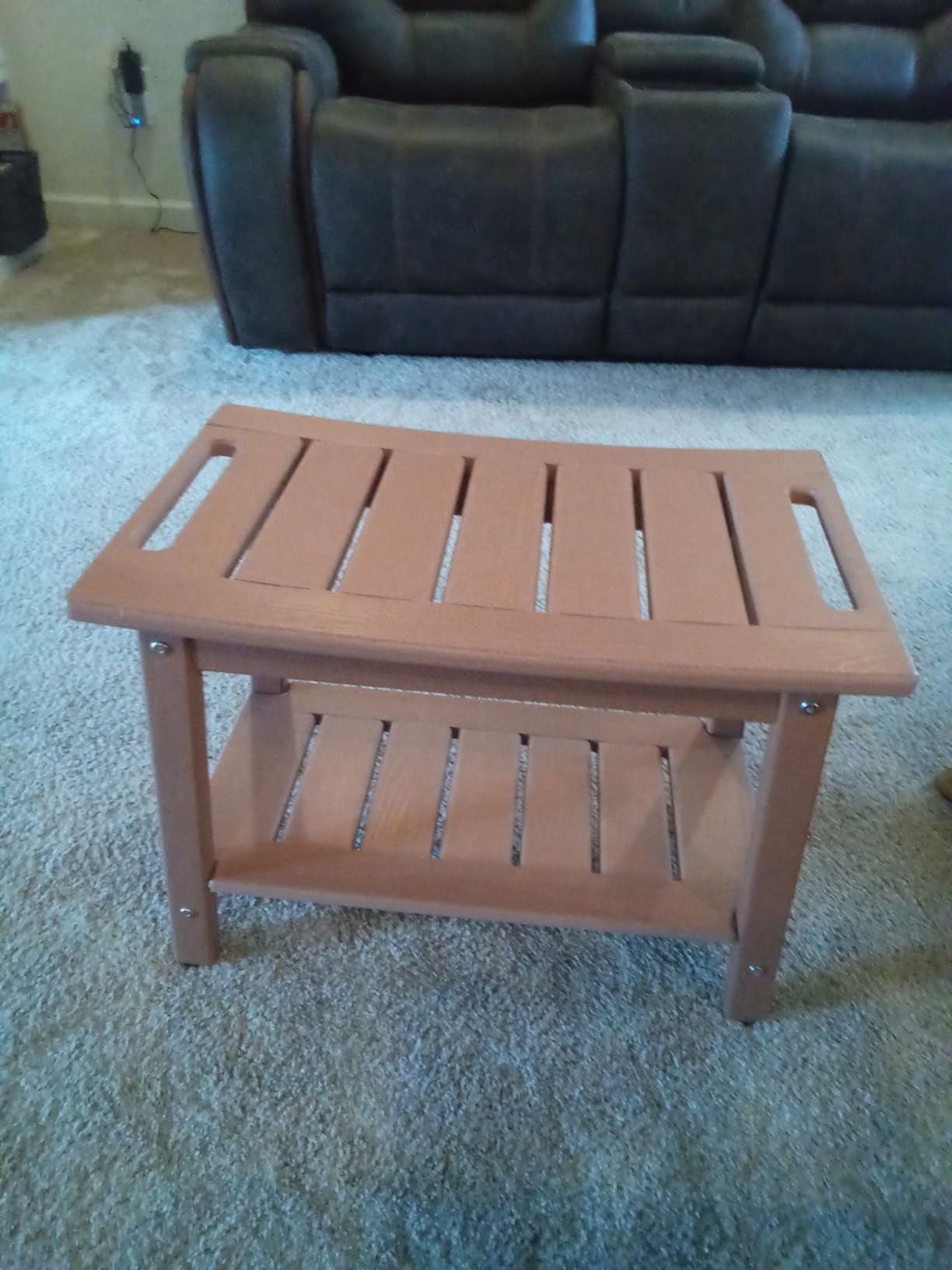 Shower Bench for Inside Shower - White HDPE Shower Stool Waterproof - Spa Bathroom Seat Chair with Handle, Storage Shelf, Adjustable Feet - Indoor/Outdoor, Weather Resistant - Customer Photo 1