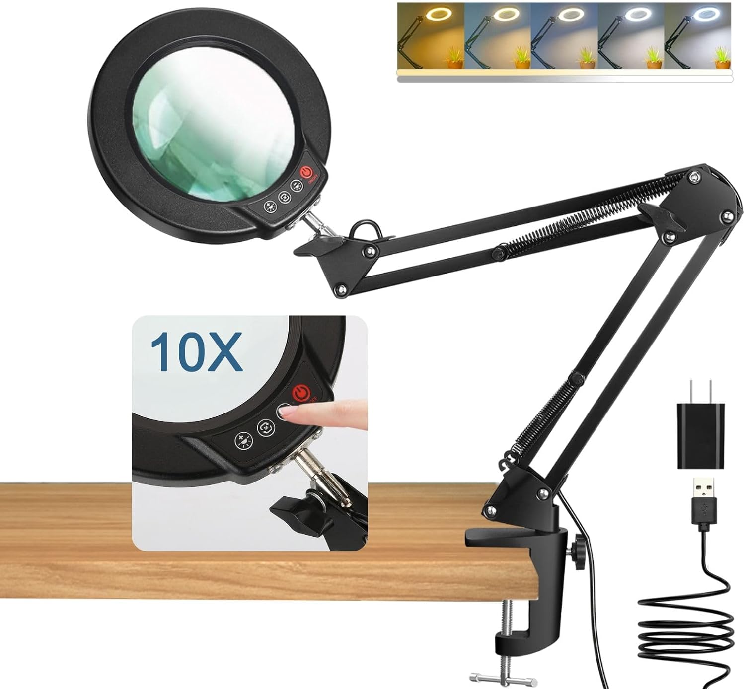 10X Magnifying Glass with Light and Clamp, Real Glass Stand Lighted Magnifier, 5 Color Modes Stepless Dimmable LED Desk Lamp Hands Free for Crafts Hobby Reading Painting Sewing Close Work - Customer Photo 1