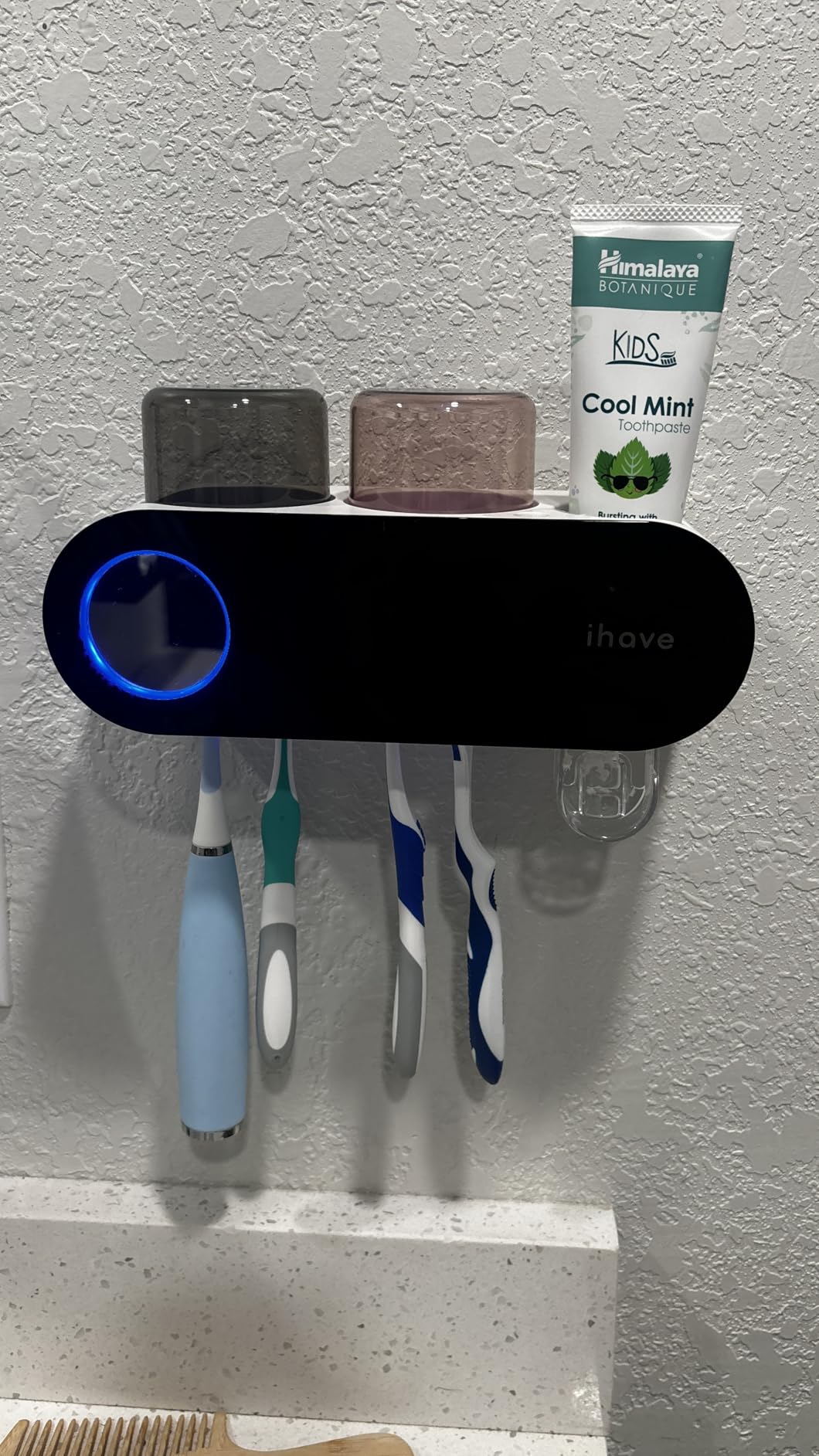 iHave Wall Mounted Electric Toothbrush Holders with 3 Cups, UV Sanitizer, Toothpaste Dispenser, Smart Home Bathroom Accessories & Decor, Black - Customer Photo 1