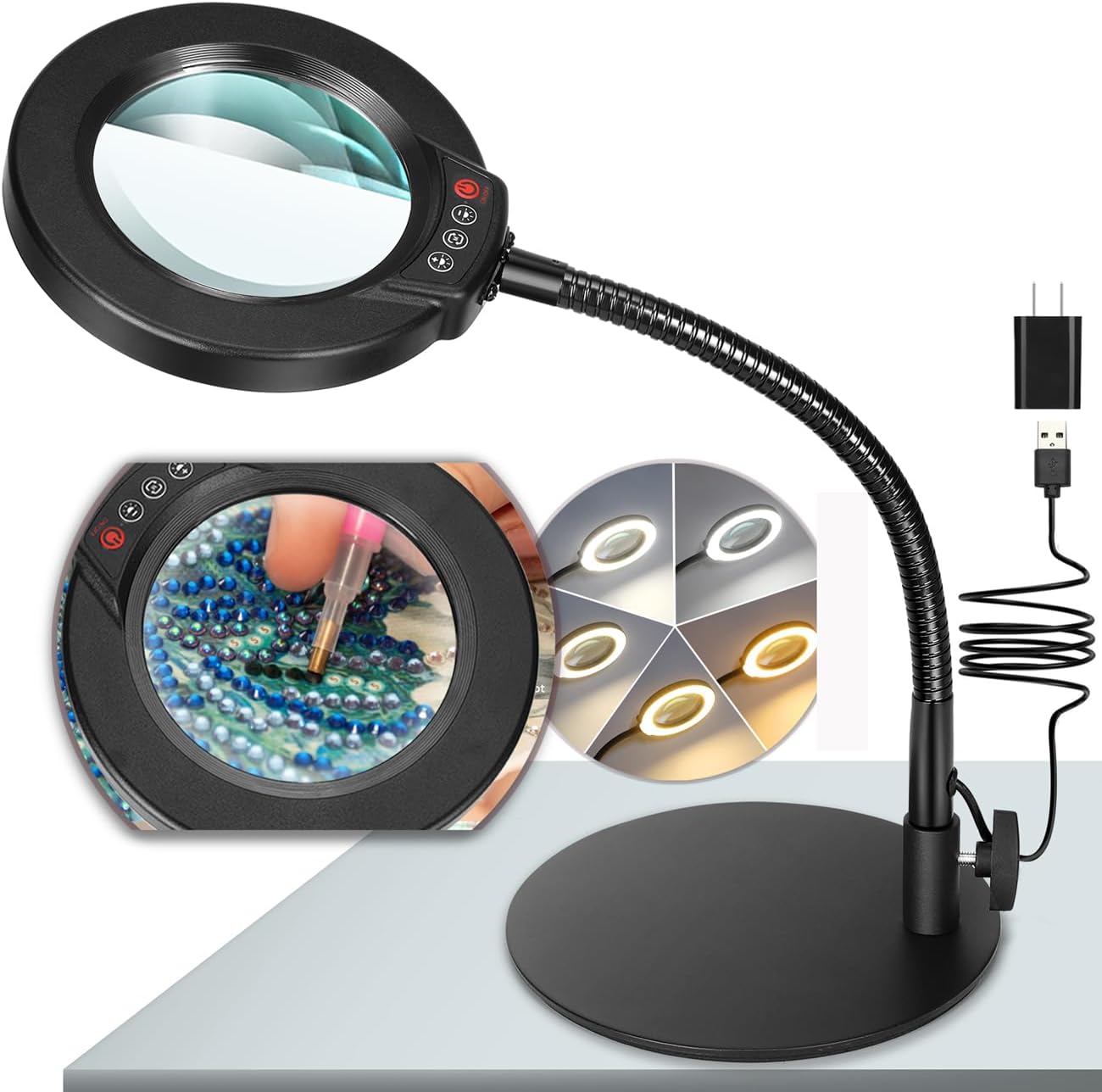 10X Magnifying Glass with Light and Stand, 5 Color Modes Stepless Dimmable LED Lighted Desk Lamp, Hands Free Flexible Gooseneck Magnifier with Light for Craft Hobby Painting Sewing Close Work - Customer Photo 1