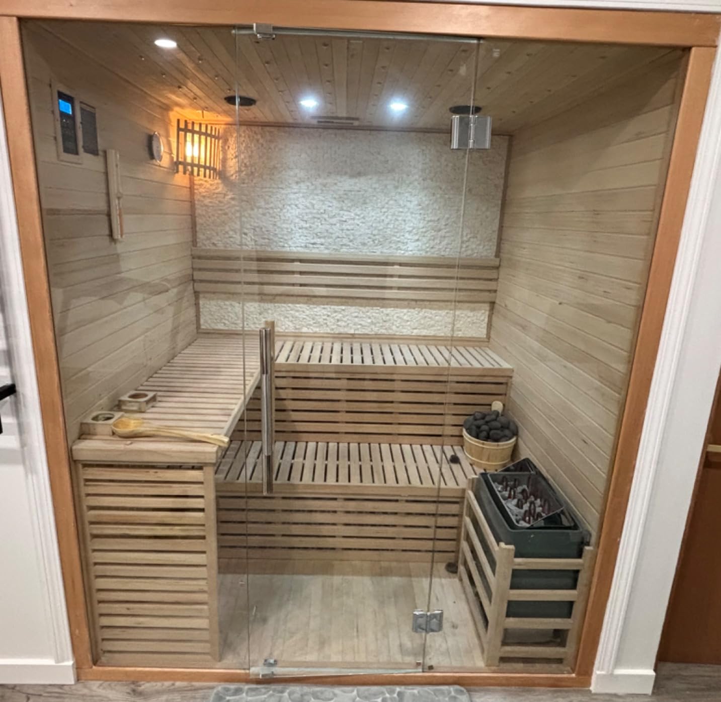 Canadian Hemlock Wood Traditional Swedish Wet or Dry 4-5 Person Glass Wall Sauna, with 6KW Heater, Rocks, Water Bucket, Ladle, LED Lights - Customer Photo 1