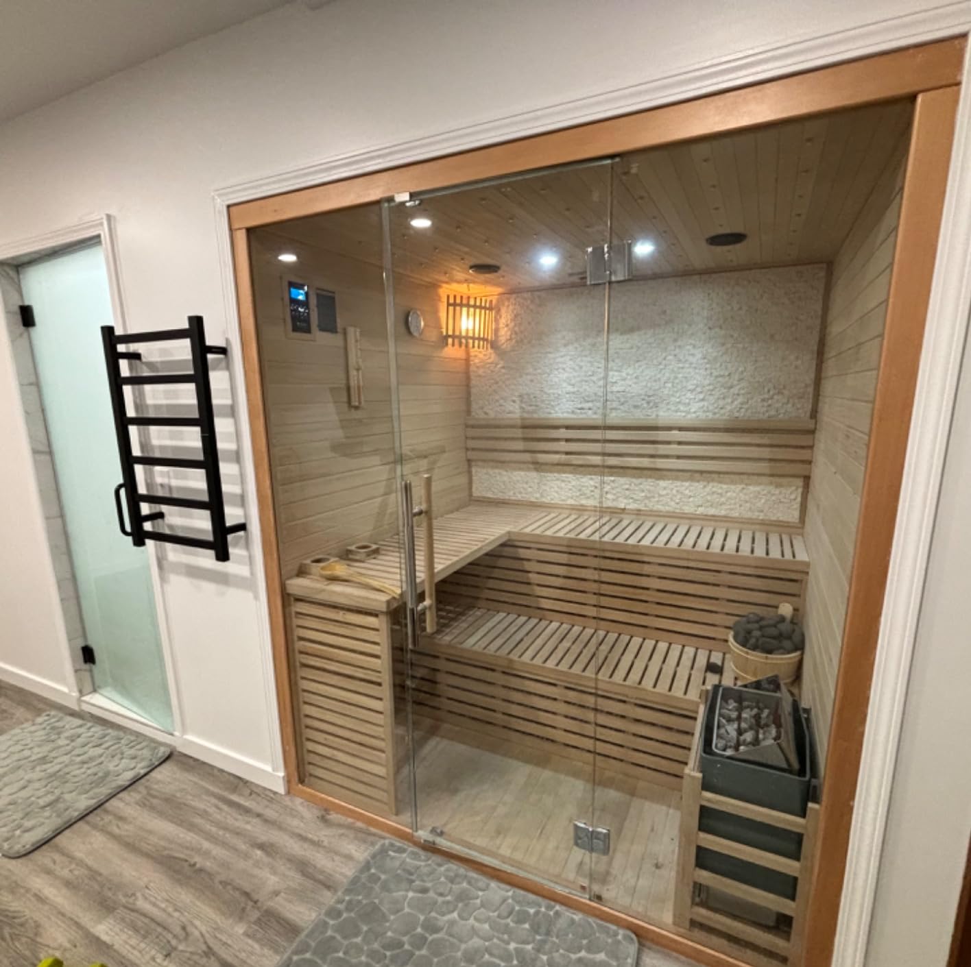 Canadian Hemlock Wood Traditional Swedish Wet or Dry 4-5 Person Glass Wall Sauna, with 6KW Heater, Rocks, Water Bucket, Ladle, LED Lights - Customer Photo 2