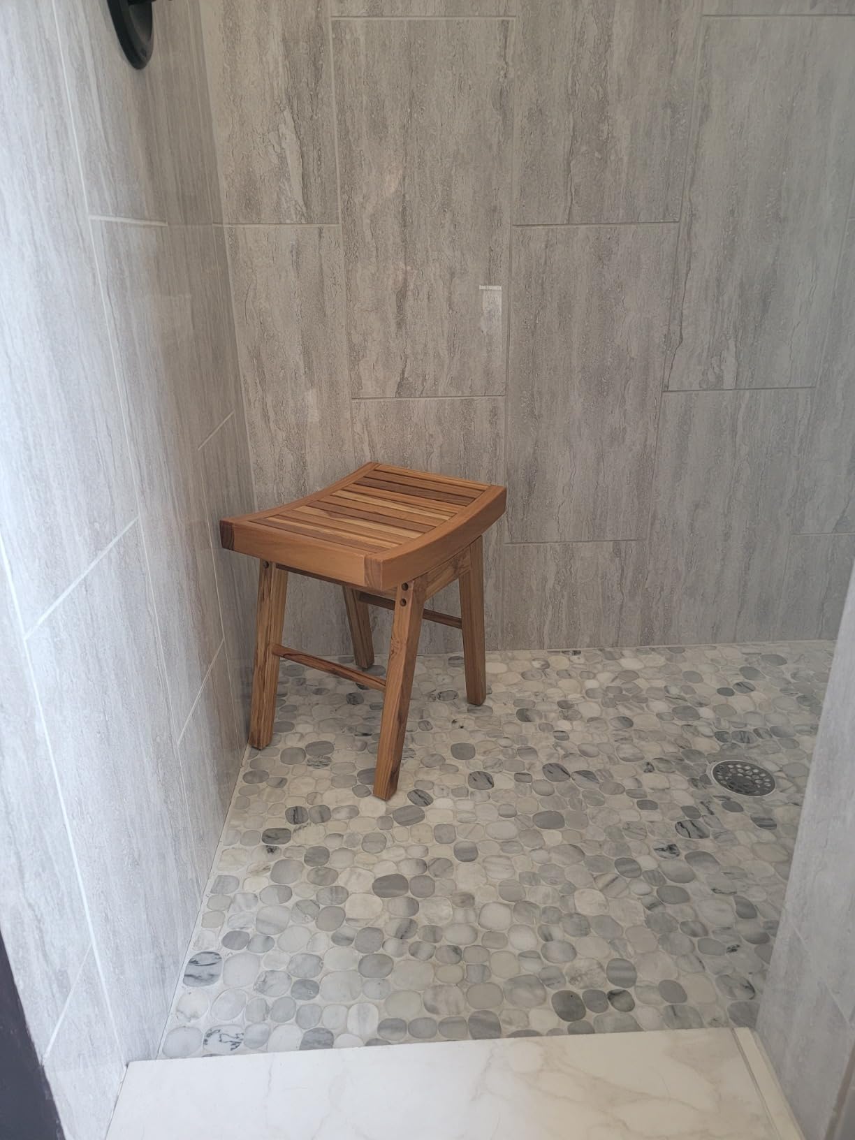 URFORESTIC Teak Shower Bench Teak Shower Stool Curved Seat,Wooden Stool for Bathroom - Customer Photo 1