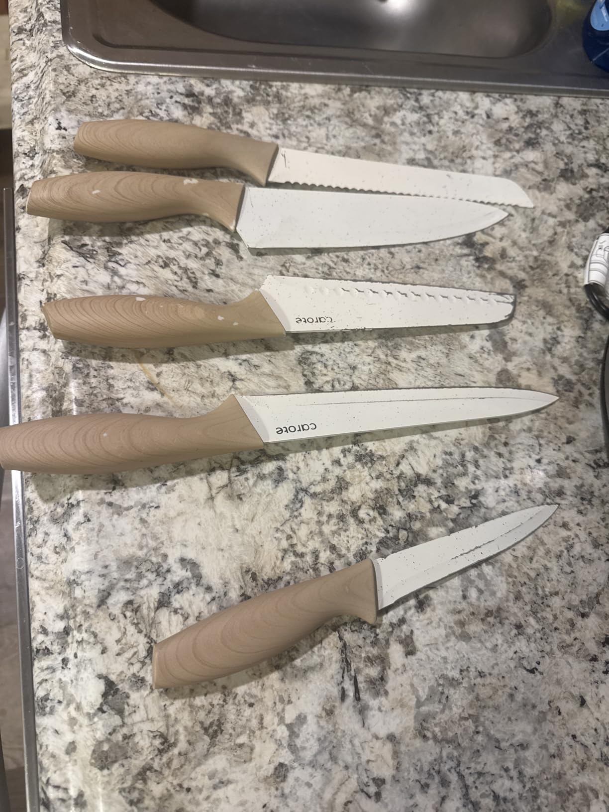 CAROTE 12PCS Knife set with Blade Guards, Granite Nonstick Ceramic Coating, Stainless Steel blade, Wood Grain Handle, Essential knife set, White - Customer Photo 2