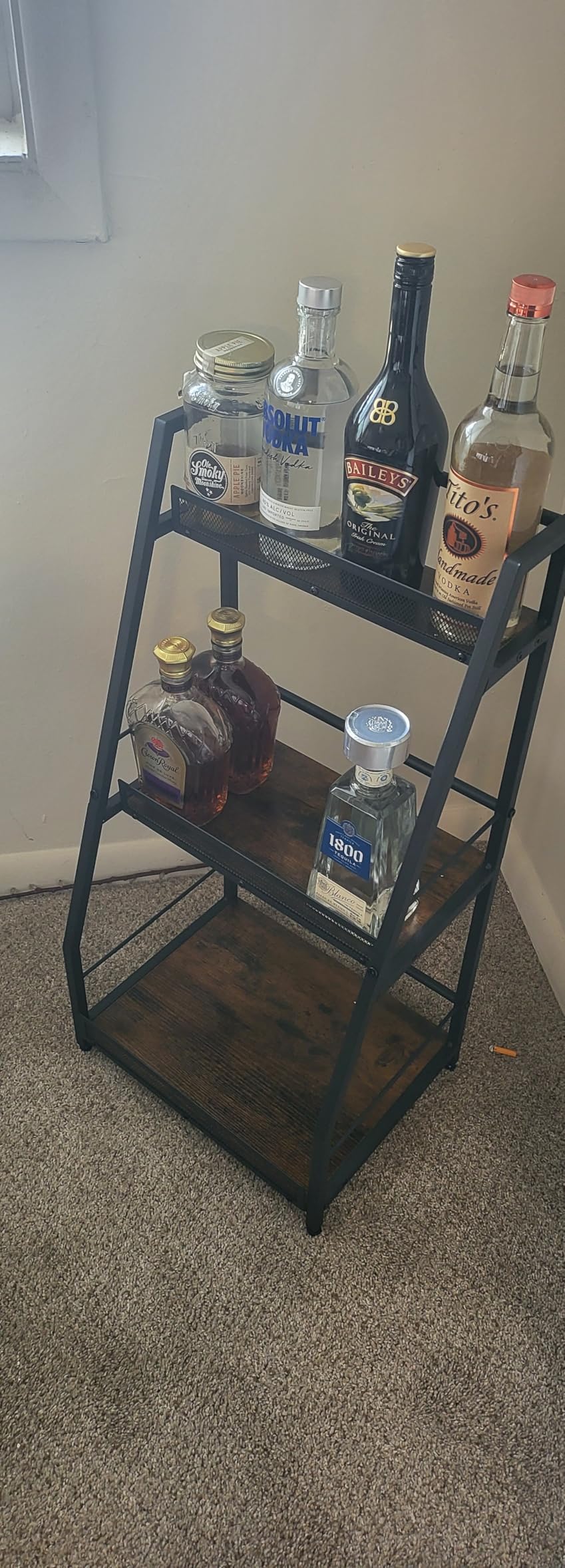 3-Tier Trapezoid Liquor Stand for Home Bar, Stepped Wine Rack Freestanding Floor for Liquor Whiskey Wine, Versatile Corner Wine Bottle Display Stand with Fences, Vintage Brown（Patent Pending） - Customer Photo 1
