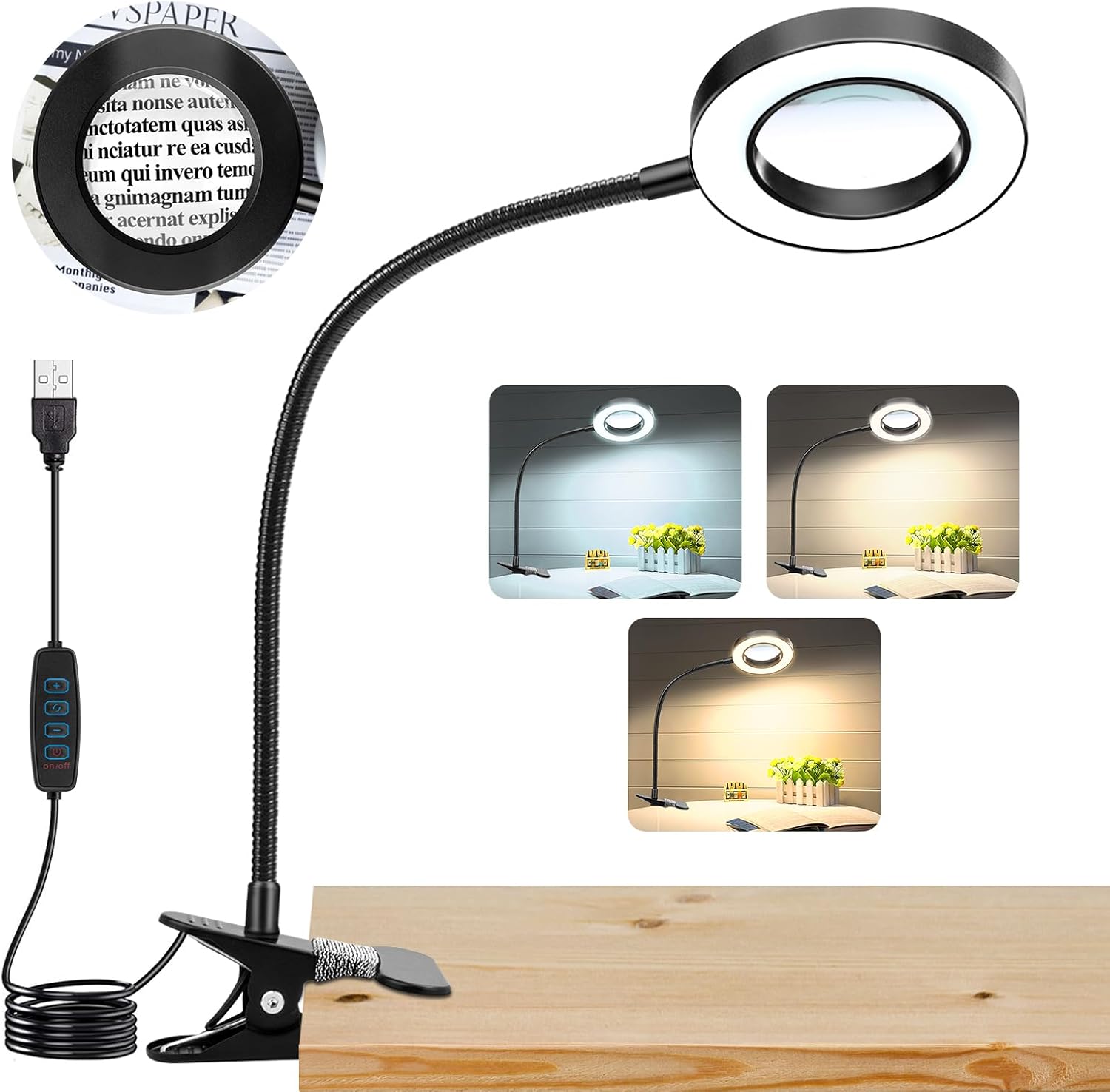 10X Magnifying Glass with Light, Clip on Mganifier with Light, 48 LED Desk Magnifying Glass wtih Clamp, 3 Modes Dimmable Magnifying LED Lamps for Bed Work Crafts DIY Repair - Customer Photo 1