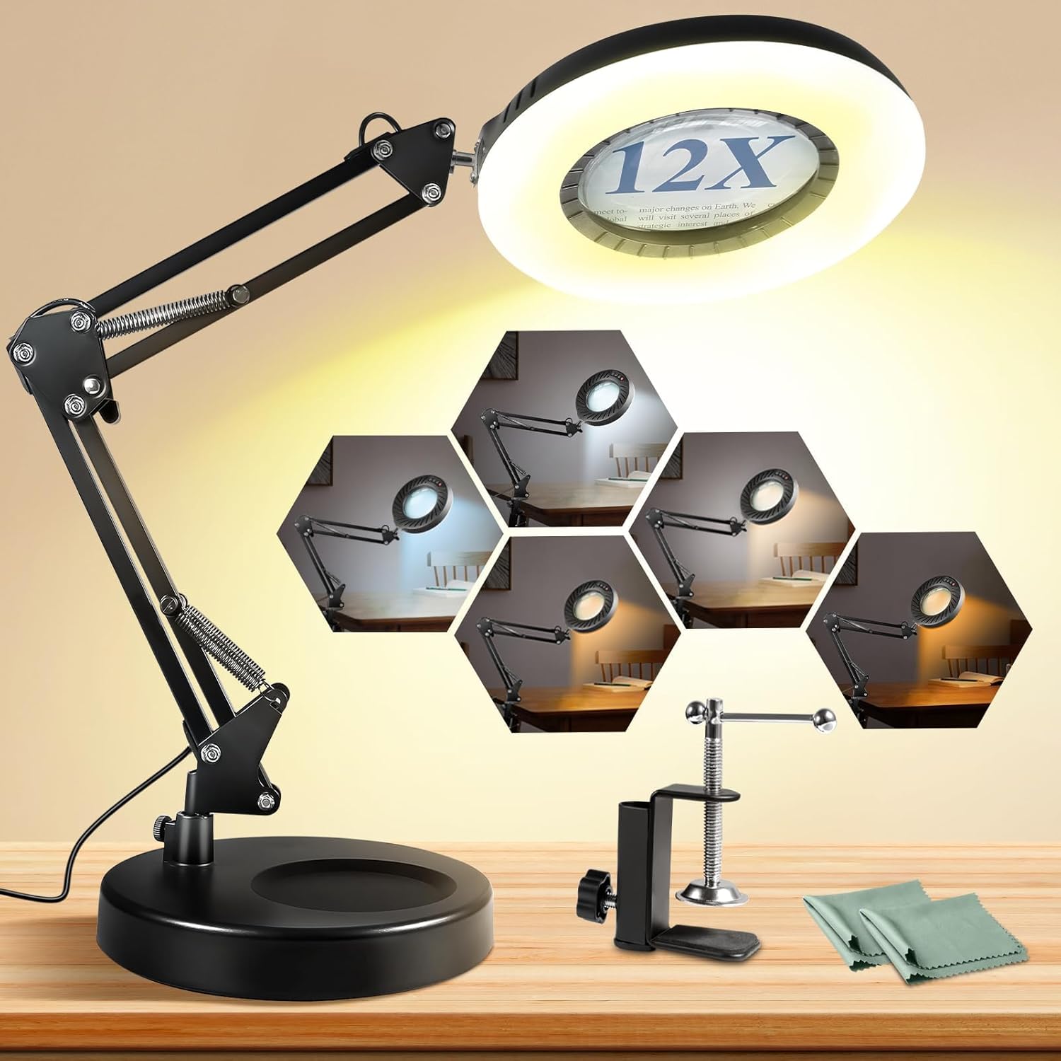 12X Magnifying Glass with Light and Stand, 144 LEDs Brightest Desktop Magnifying Lamp, 10 Dimmable Brightness 5 Color Modes, Hands Free Metal Desk Lamp for Craft Reading Painting Hobby Close Work - Customer Photo 1