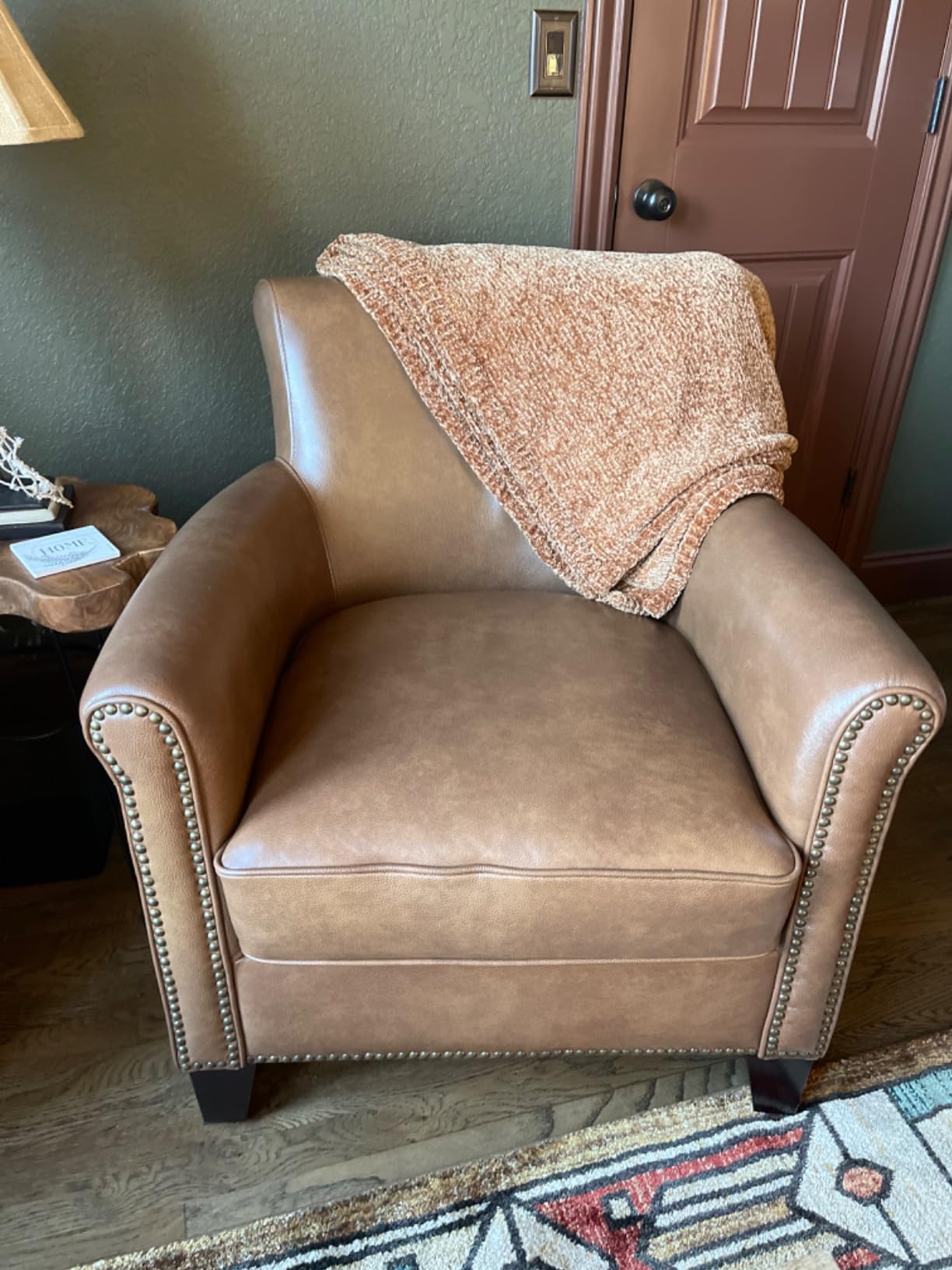 Lexicon 100% Top Grain Genuine Leather Chair, Leather Accent Chairs for Living Room, Solid Wood Frame, Rolled Armrest & Nailhead Trim, Comfy Reading for Bedroom, Office, Waiting Room, Brown - Customer Photo 2