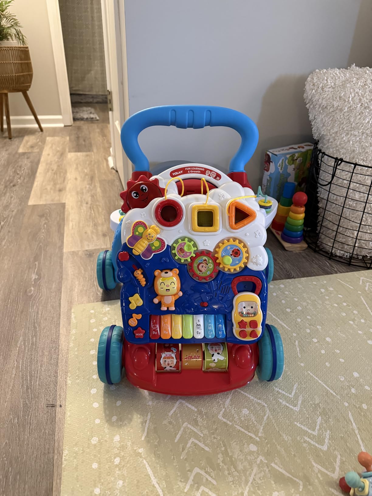 YOLAY Baby Walker Push with Wheels, Sit-to-Stand Walker for Baby Boy and Girl 6-12 Months with Detachable Play Panel, Stable Handle, Early Learning Activity for Kids - Blue - Customer Photo 1