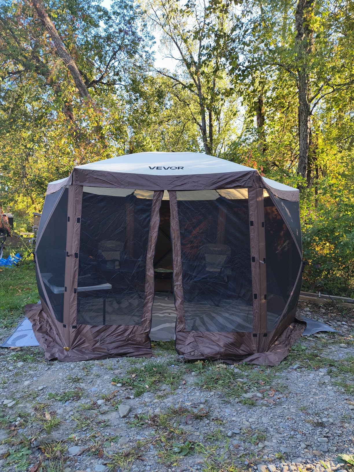 VEVOR Pop Up Gazebo Tent, Pop-Up Screen Tent 4 Sided Canopy Sun Shelter with 4 Removable Privacy Wind Cloths & Mesh Windows, 6x6FT Quick Set Screen Tent with Mosquito Netting, Brown - Customer Photo 2