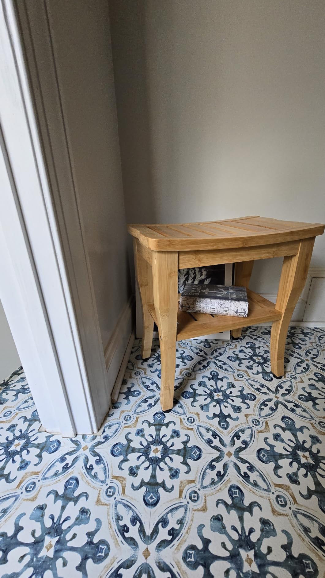 Bamboo Shower Bench Stool with Storage Shelf, Waterproof Shower Chair Spa Bath Seat, Shower Stool for Inside Shower, Bathroom Bench Seat for Adults Elderly Seniors for Indoor or Outdoor Use - Customer Photo 1