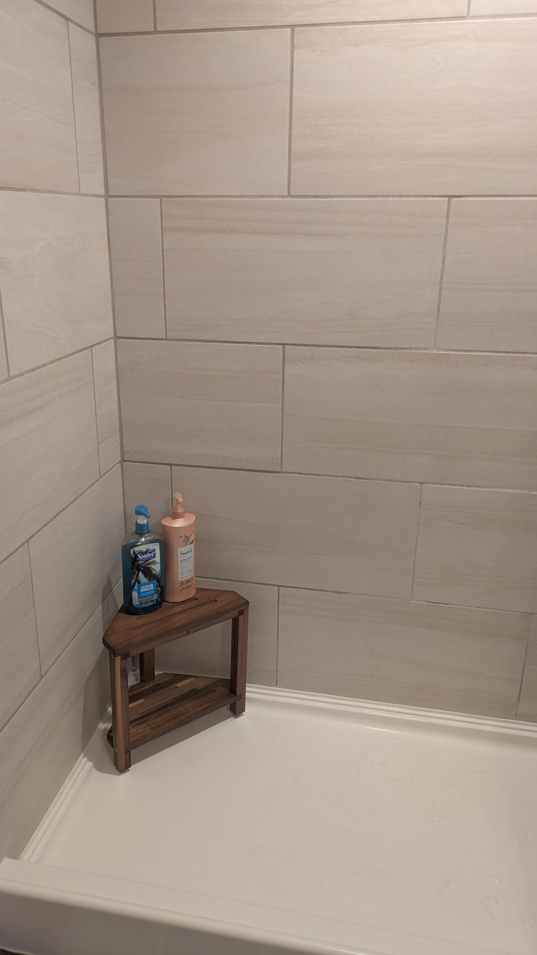 IBosins Corner Shower Stool with Storage Shelf Shower Foot Rest for Shaving Legs Small Bench for Inside Shower to Sit on Bath Seat - Acacia Wood - Customer Photo 1