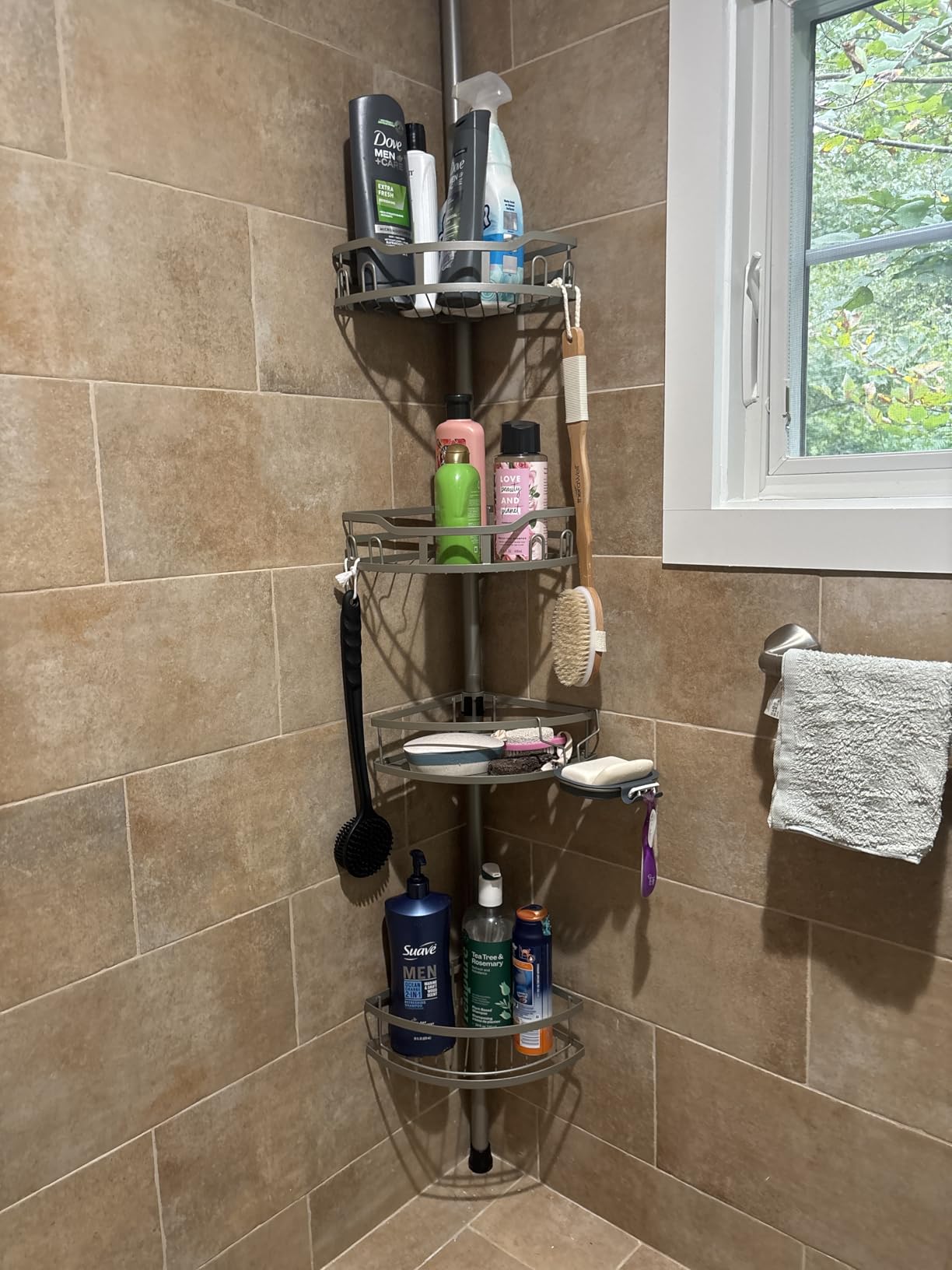 HAMITOR Corner Shower Caddy Tension Pole: Rustproof 4-Tier Bathroom Organizer Shelves for Bathtub Shampoo Storage - 47-121 Inch Quick Install Adjustable Rod Standing Rack with Soap Rack - Silver Gray - Customer Photo 1