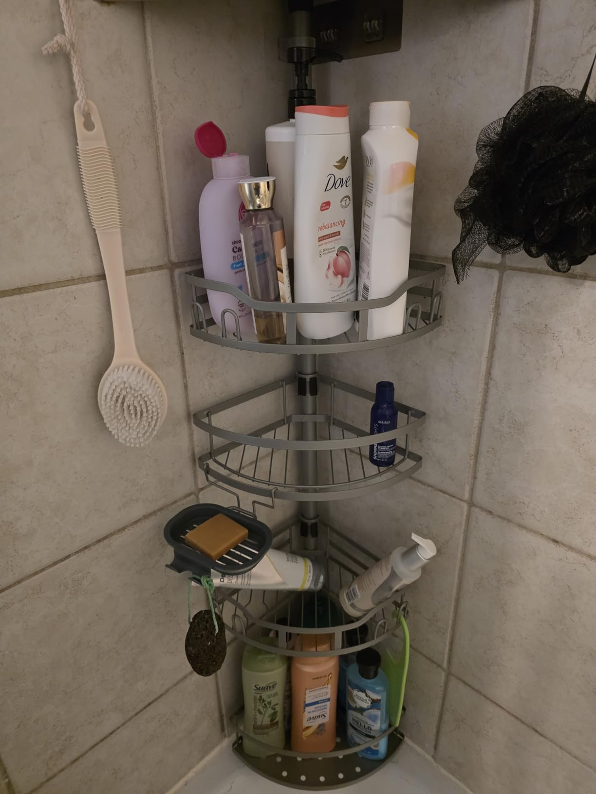 HAMITOR Corner Shower Caddy Tension Pole: Rustproof 4-Tier Bathroom Organizer Shelves for Bathtub Shampoo Storage - 47-121 Inch Quick Install Adjustable Rod Standing Rack with Soap Rack - Silver Gray - Customer Photo 2
