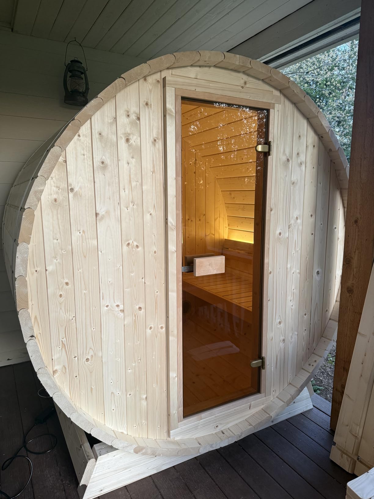 EuroSauna 2-Person Outdoor Barrel Sauna with Shingles, Lighting, & 6kW Harvia Sauna Heater, 81x59 - Customer Photo 1
