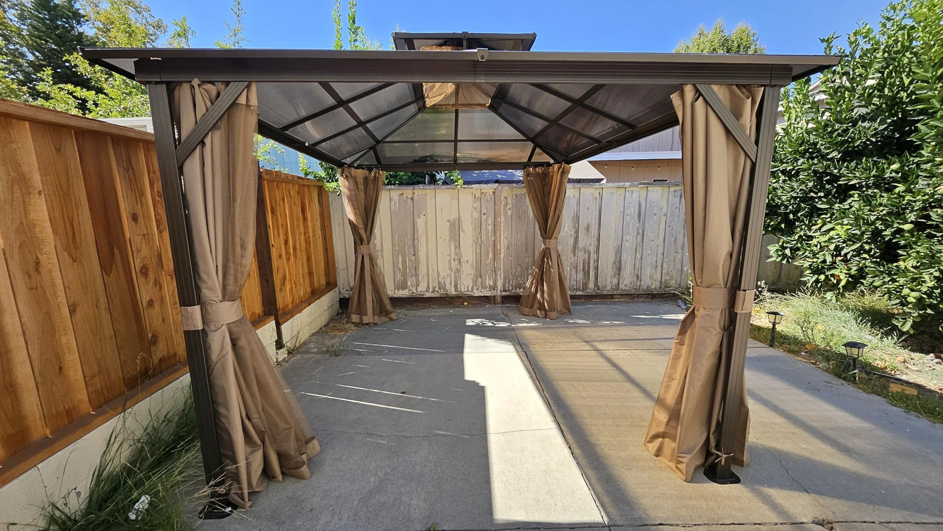 Aoxun 12'x10' Hardtop Gazebo, Aluminum Frame Permanent Pavilion with Curtains and Netting, Outdoor Polycarbonate Double Roof Canopy, Designed for Garden, Lawns, Patio, Brown - Customer Photo 1