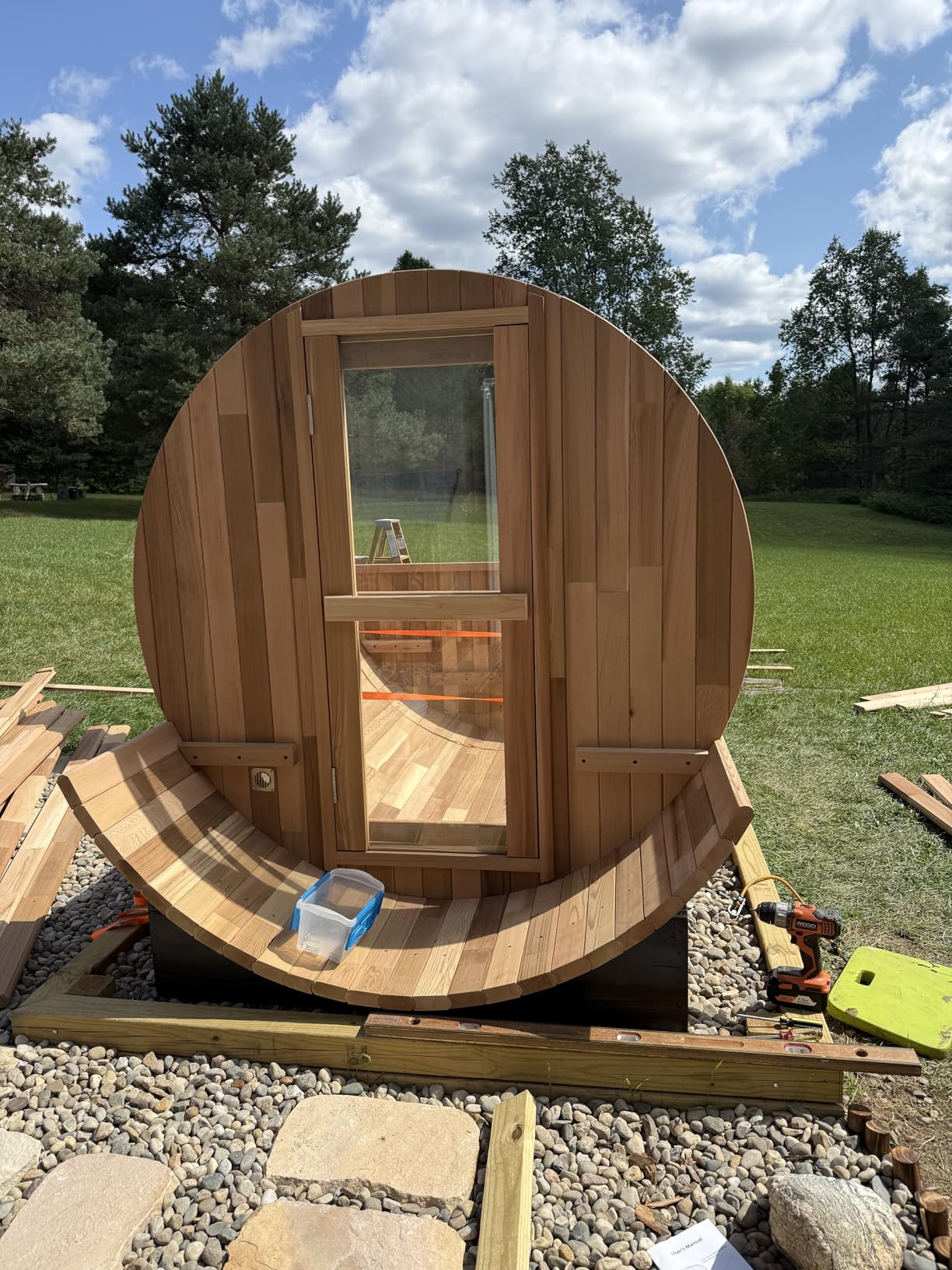 Customize Wood Burning Sauna 4-8 Person, Outdoor Canadian Red Cedar Barrel Sauna with Porch, Glass Window Option, Scenic Porch - Customer Photo 1