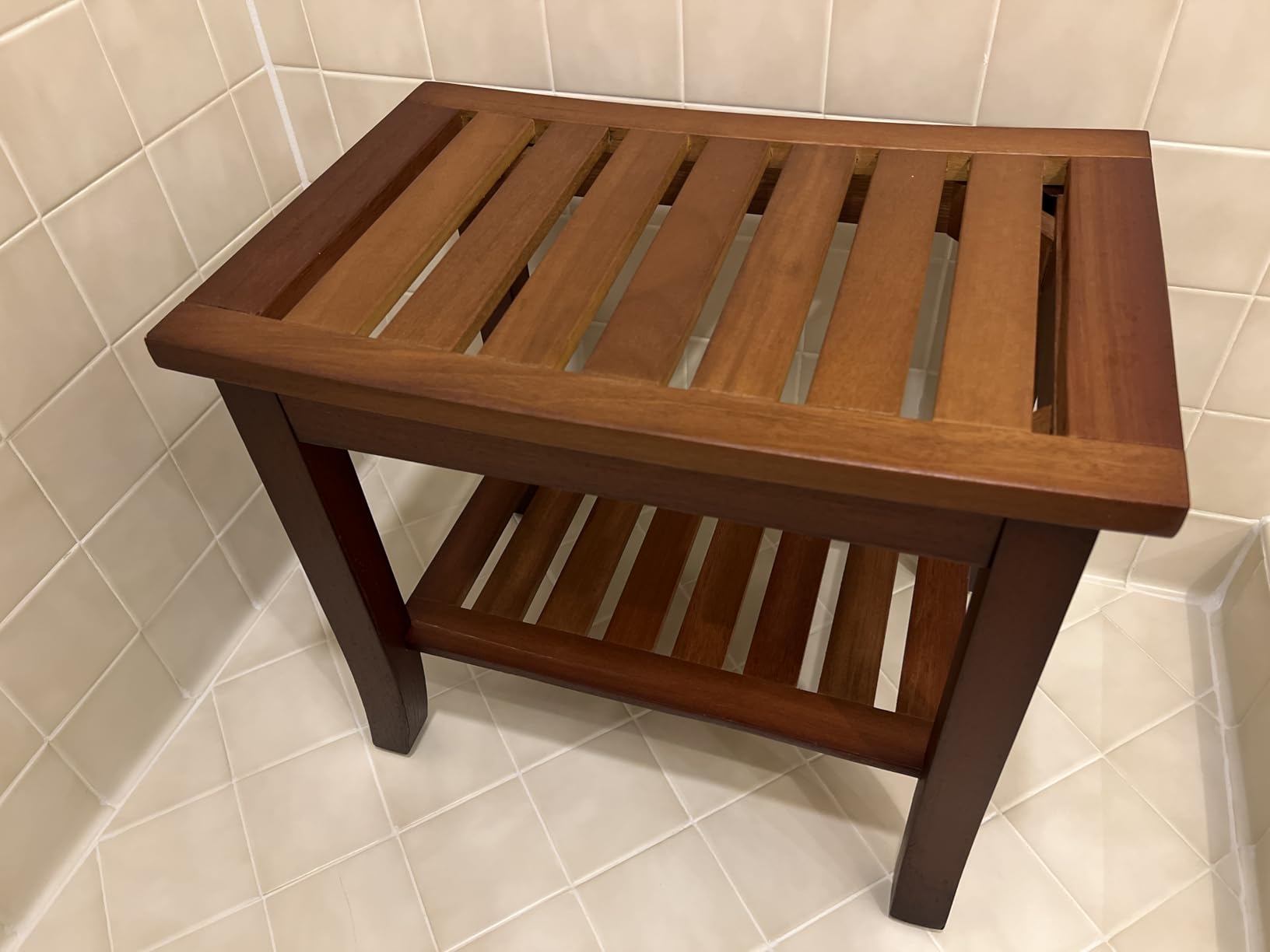 Teak shower bench with Storage Shelf, Shower Stool for Inside Shower, Waterproof Shower Bench Seat, Shower Chair for Inside Shower, Wood Bench, Bathroom Bench (Natural Color) - Customer Photo 1