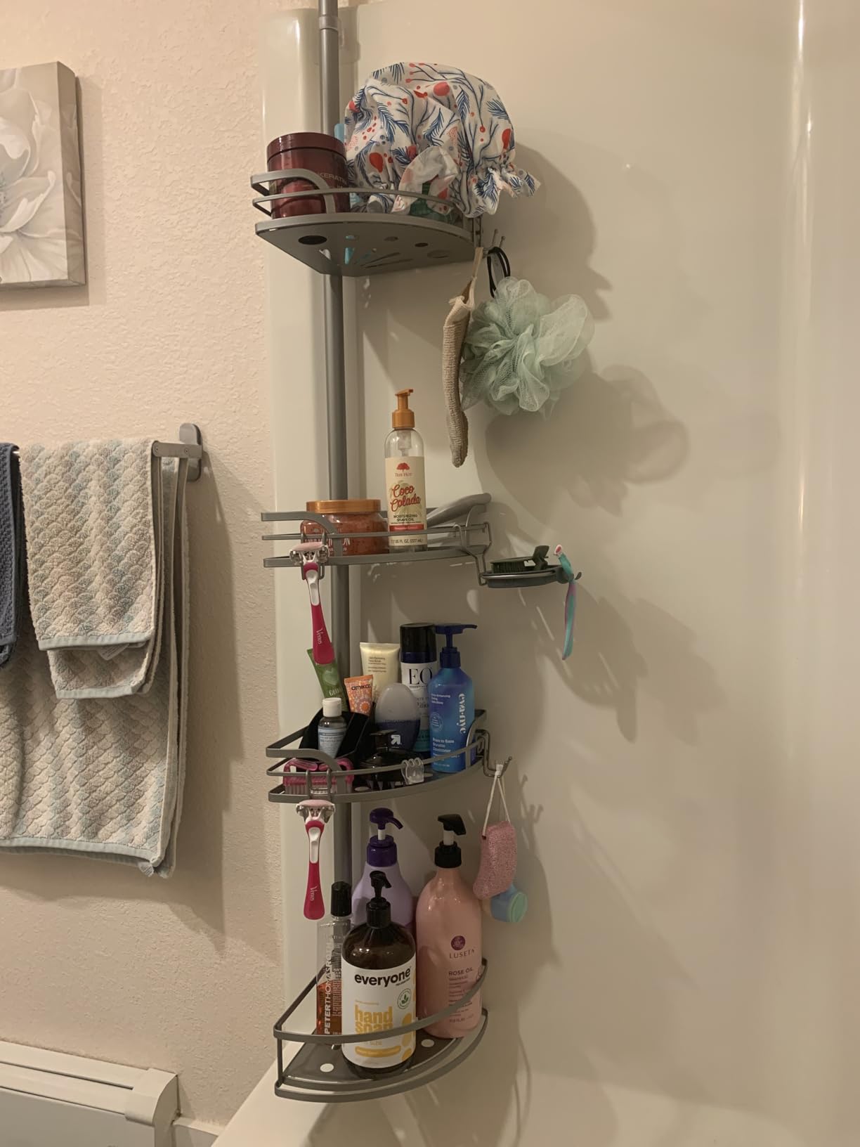 HAMITOR Shower Caddy Tension Pole：4-Tier Rustproof Bathroom Corner Shelf for Renters - 47-121inches Adjustable Bathtub Organizer with Soap Holder-large capacity rack for Shampoo Storage Home Accessory - Customer Photo 1