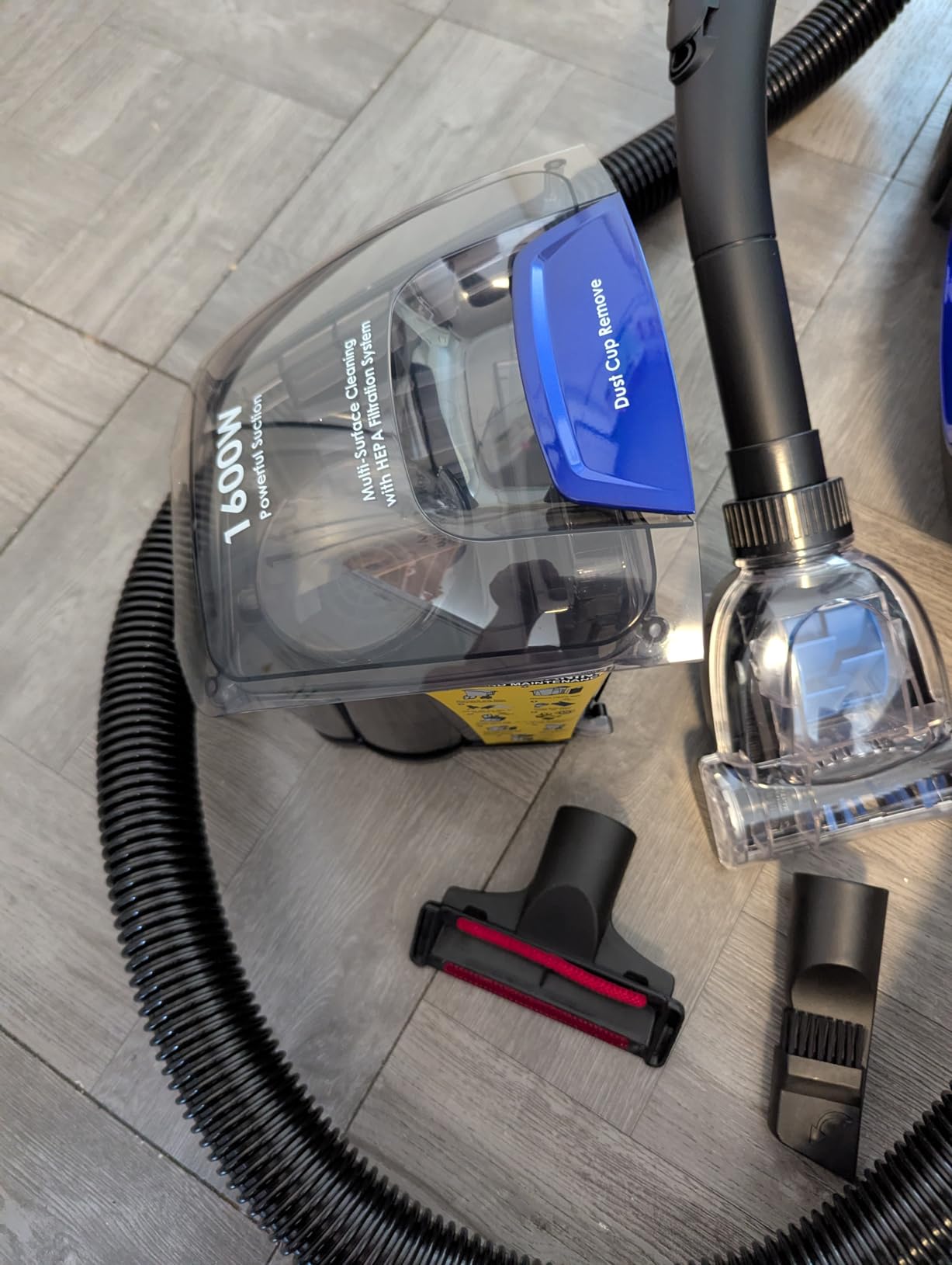 Canister Vacuum Cleaner, 1600W Cyclon Power Bagless Canister Vacuum Cleaners for Home, Dust Full Indicator, Lightweight and Easy Maneuverable for Hard Floors, Carpets, Pet Hair, Blue - Customer Photo 1