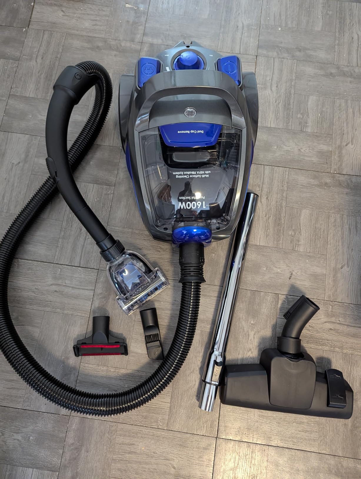 Canister Vacuum Cleaner, 1600W Cyclon Power Bagless Canister Vacuum Cleaners for Home, Dust Full Indicator, Lightweight and Easy Maneuverable for Hard Floors, Carpets, Pet Hair, Blue - Customer Photo 2