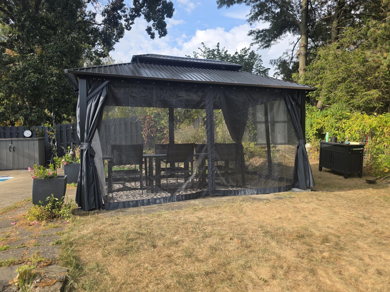 HOTEEL 10x12 Hardtop Gazebo Hot Tub Gazebo with Flame-Retardant Curtain Netting, Heavy Duty Pavilion with Galvanized Steel Double Roof, Aluminum Frame Outdoor Canopy for Patio, Party (2025 Upgraded) - Customer Photo 1