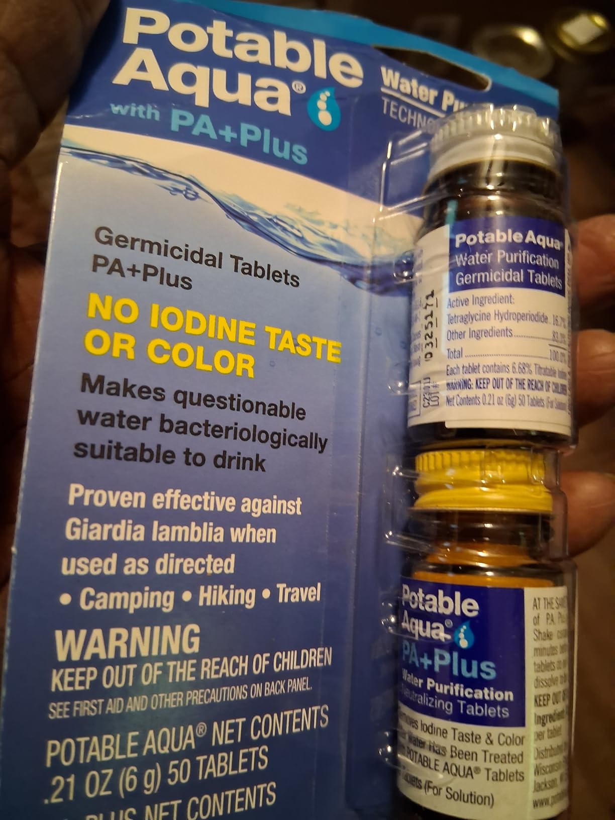 Potable Aqua Water Purification Tablets with PA Plus, Portable and Effective Solution for Camping, Hiking, Emergencies, Natural Disasters and International Travel, Two 50ct Bottles - Customer Photo 1