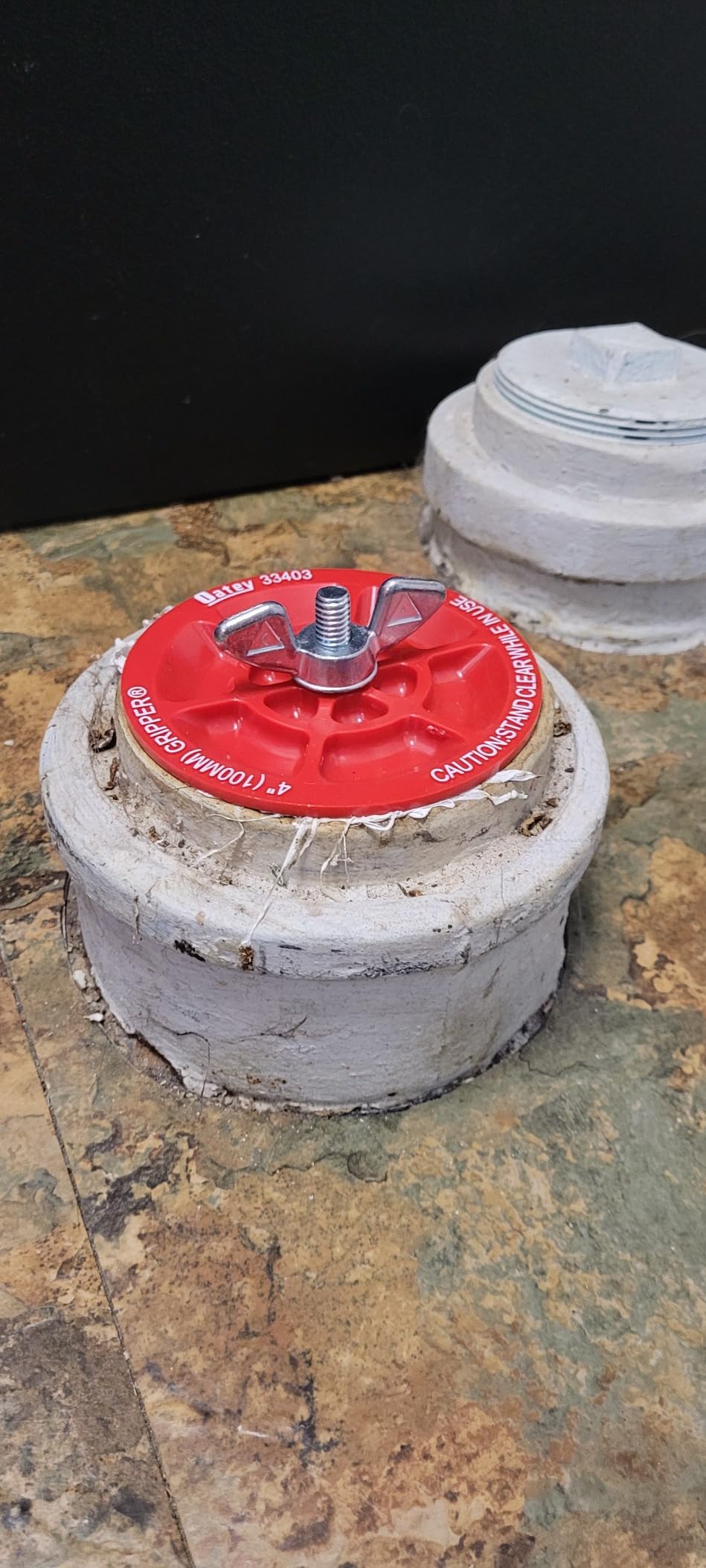 Oatey 33403 Plastic Plug (with Galvanized screw and wing nut), 4-Inch, Red - Customer Photo 1