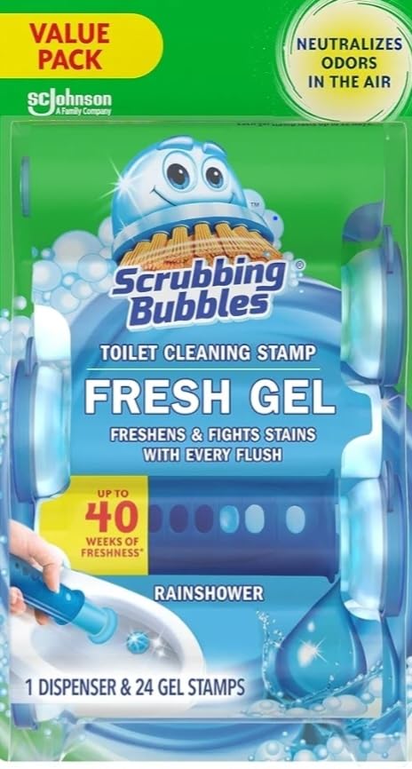 Scrubbing Bubbles Fresh Gel Toilet Bowl Cleaning Stamps, Helps Keep Toilet Clean and Helps Prevent Limescale & Rings, Rainshower Scent, 1 Dispenser with 24 Fresh Gel Stamps Customer Review Scrubbing Bubbles Fresh Gel Toilet Bowl Cleaning Stamps, Helps Keep Toilet Clean and Helps Prevent Limescale & Rings, Rainshower Scent, 1 Dispenser with 24 Fresh Gel Stamps - Customer Photo 1