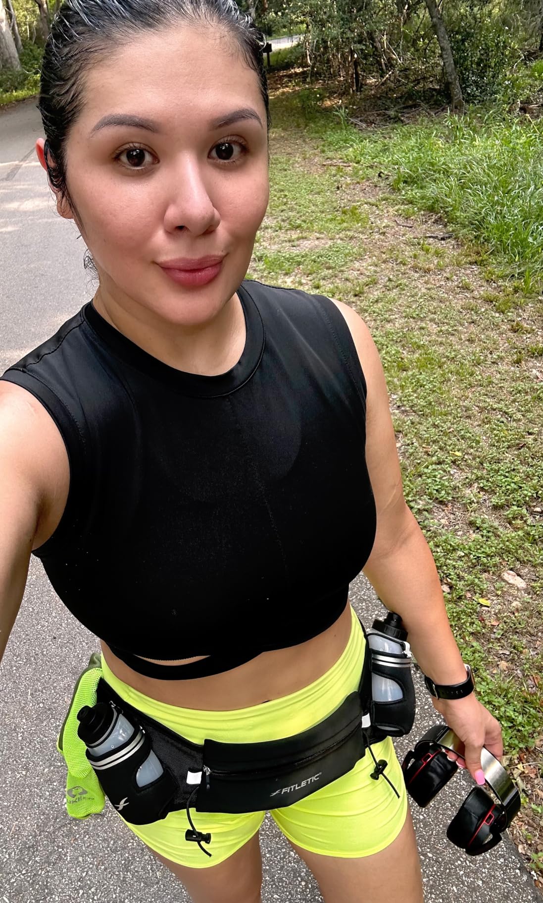 Fitletic Hydration Running Belt with Water Bottles for Men & Women – 2 Quick Flow 8oz Running Water Bottles, Patented Bounce Free Design, Water Resistant Pouch Fits All Phones – Hydra 16 - Customer Photo 1