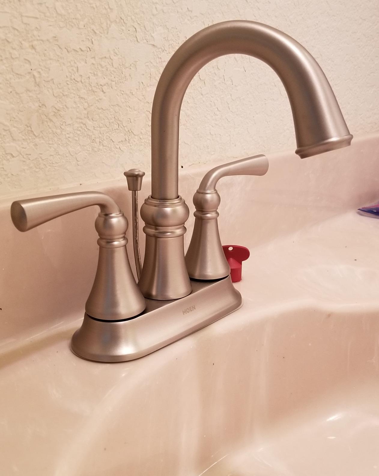 Moen Wetherly Spot Resist Brushed Nickel Two-Handle Centerset Bathroom Faucet with Drain Assembly, WS84850SRN Customer Review Moen Wetherly Spot Resist Brushed Nickel Two-Handle Centerset Bathroom Faucet with Drain Assembly, WS84850SRN - Customer Photo 4