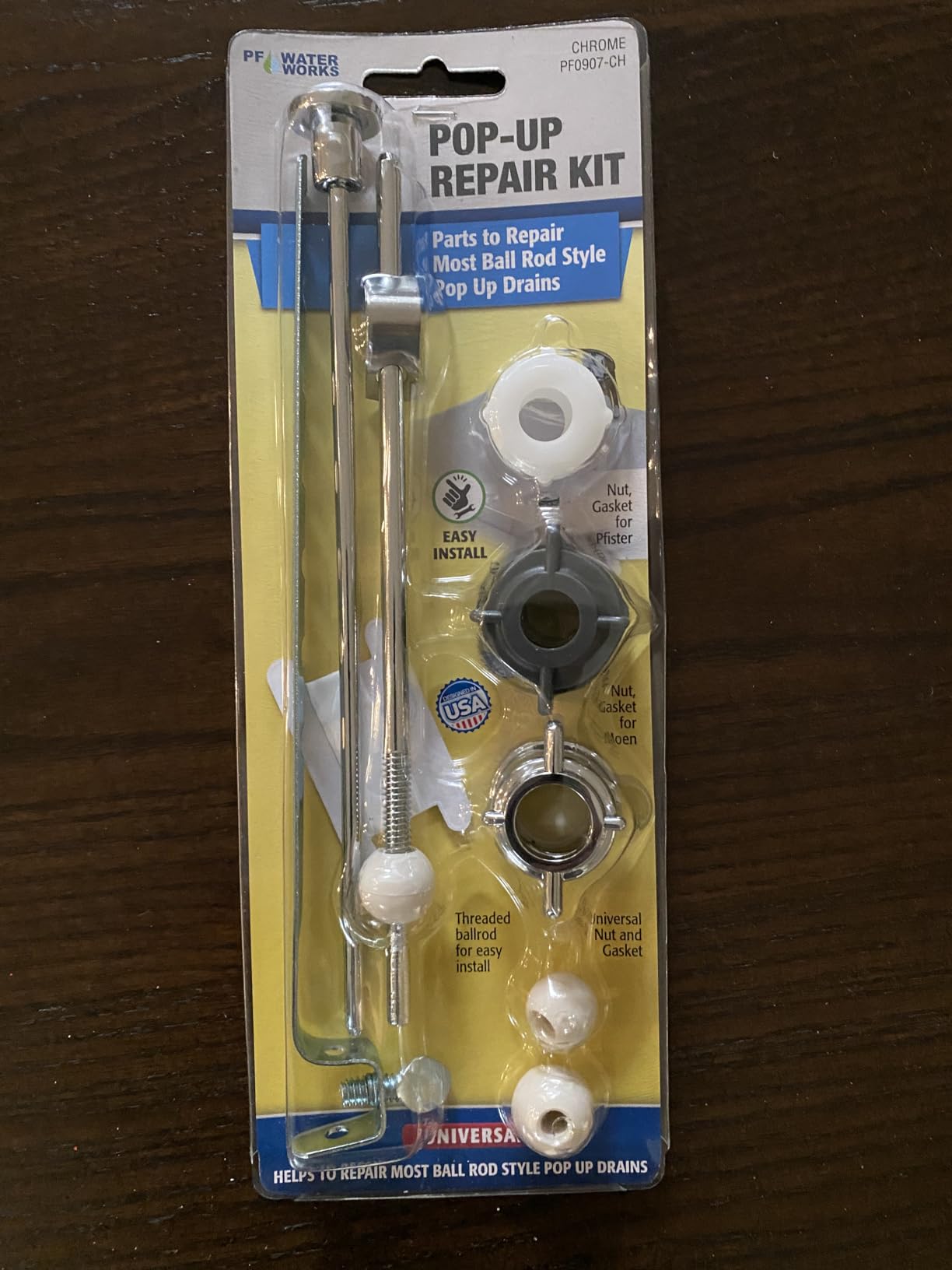 PF WaterWorks PF0907 Pop-Up Drain Repair Kit - Threaded Adjustable Center Pivot/Ball Rod with 3 Nuts, Gasket, 3 Sizes of Balls, with Pull Rod/Linkage, Chrome - Customer Photo 2