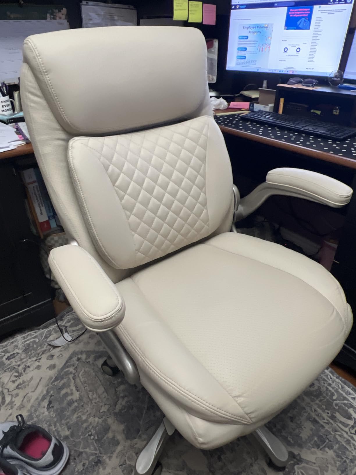 Amazon Basics Ergonomic Executive Office Desk Chair with Lumbar Support, Flip-up Armrests, Adjustable Height, Cream Leather - Customer Photo 1