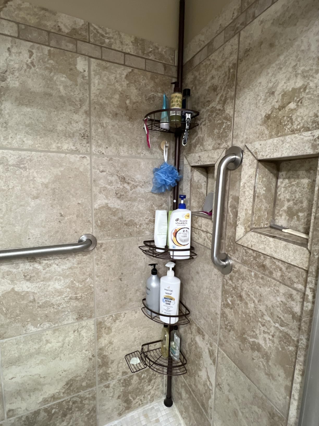 SEIRIONE Rustproof Shower Corner Caddy Organizer for Bathroom, 4 Adjustable Shelves with Tension Pole, for Bathtub Shampoo Accessories Storage Holder, 34 to 116 Inch Height - Customer Photo 1