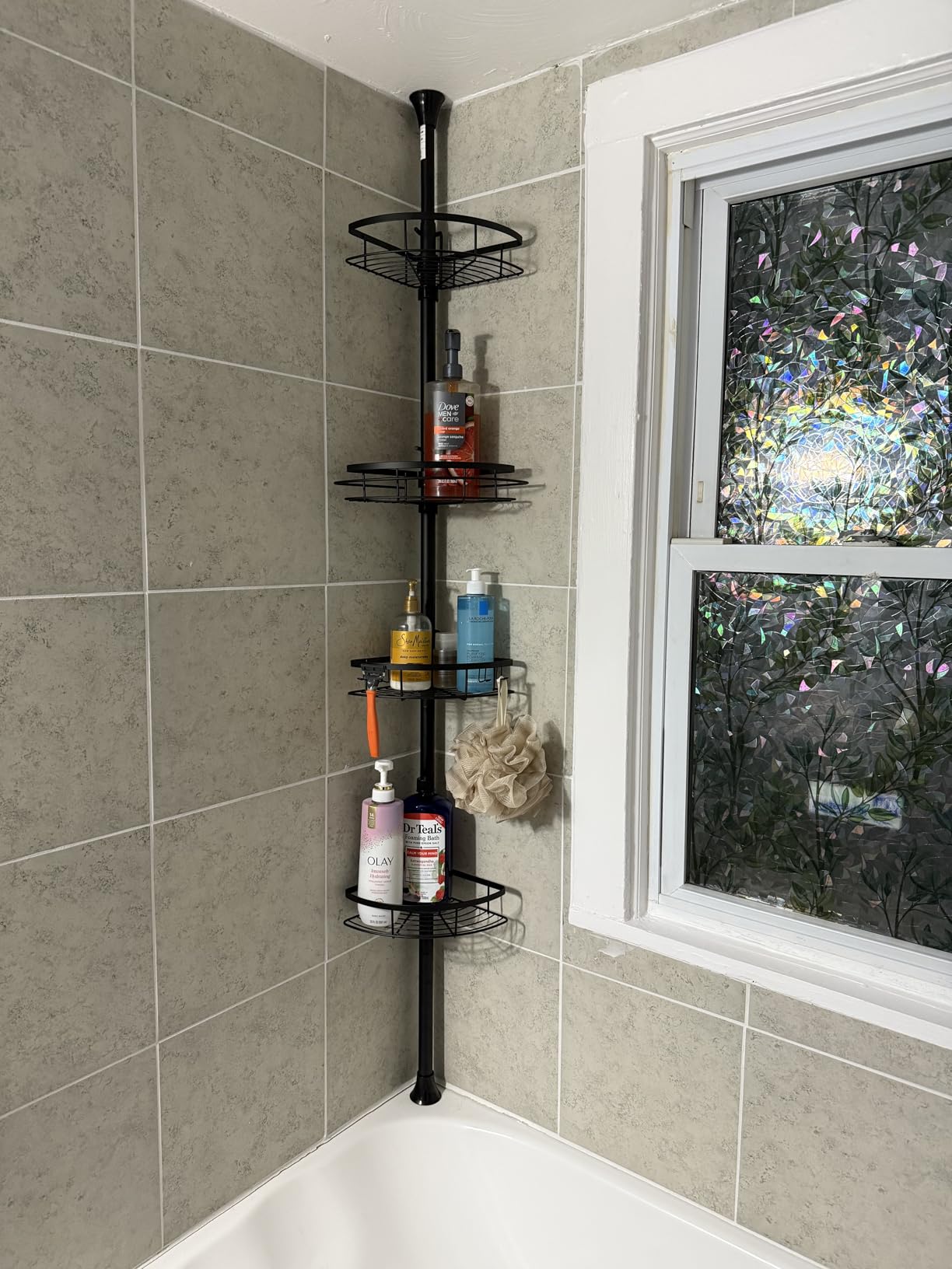 SEIRIONE Rustproof Shower Corner Caddy Organizer for Bathroom, 4 Adjustable Shelves with Tension Pole, for Bathtub Shampoo Accessories Storage Holder, 34 to 116 Inch Height - Customer Photo 2