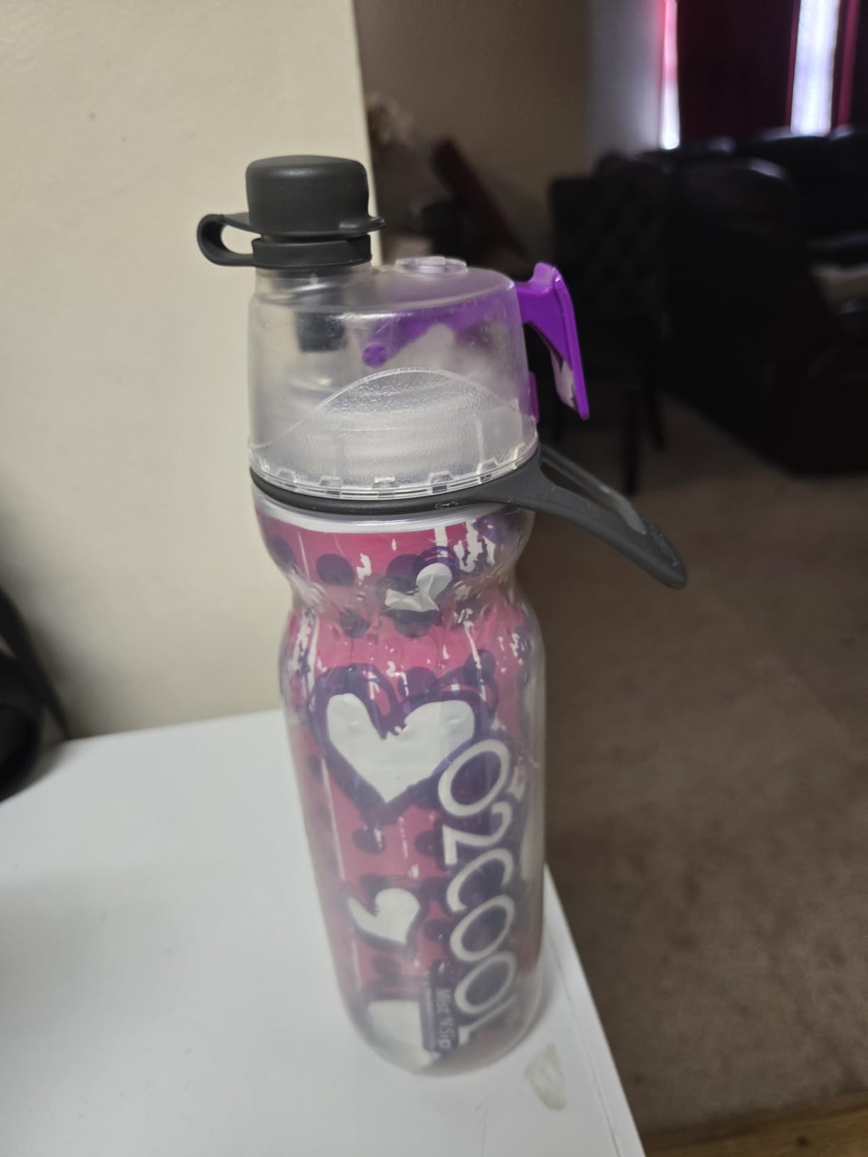 O2COOL Mist 'N Sip Misting Water Bottle 2-in-1 Mist And Sip Function With No Leak Pull Top Spout Reusable Sports Water Bottle - 20 oz (Pink Palm Tree) - Customer Photo 1