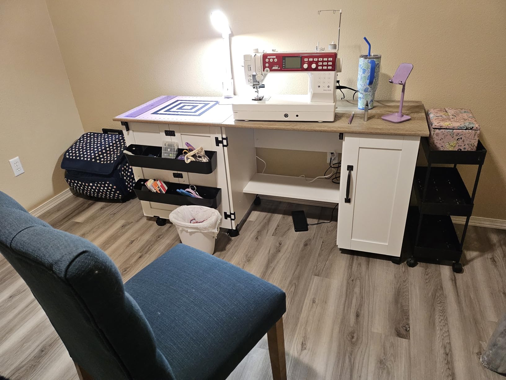 Sauder Miscellaneous Storage Sewing Cart, Drop-Leaf Craft Table, Sewing Table with Storage - Soft White Finish - Customer Photo 2