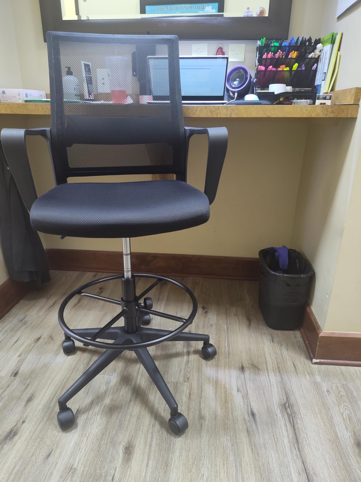 Drafting Chair Tall Office Chair Adjustable Swivel Rolling Mesh Height with Lumbar Support Arms Footrest Mid Back for Adults Standing Desk Drafting Stool (Black) - Customer Photo 1
