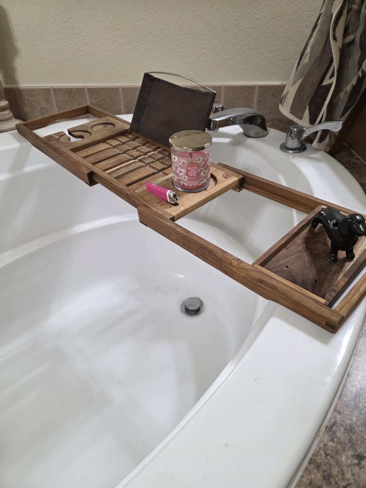 VaeFae Premium Teak Bathtub Tray, Expandable Wooden Bath Tray for Tub, Luxury Bathtub & Bathroom Accessories, Great House Warming, Anniversary & Wedding and Birthday Gifts (Free Teak Body Brush) - Customer Photo 1