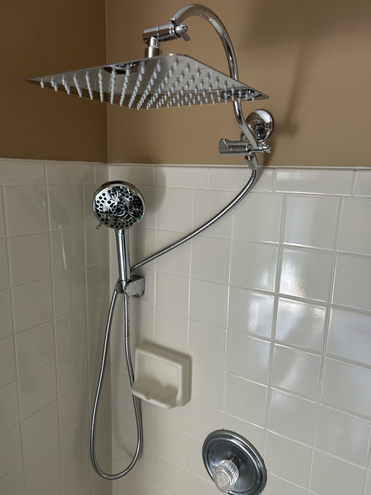 Hibbent All Metal High Pressure Rainfall 10 Inch Shower Head/Handheld Showerhead Combo/ 12 Inch Adjustable Curved Shower Extension Arm, 10-Spray, 71-inch Hose, Adhesive Showerhead Holder, Matte Black - Customer Photo 2