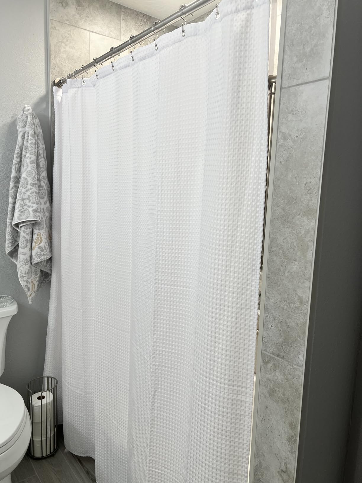 GORILLA GRIP Waffle Shower Curtain, Thick Weighted Fabric, Wrinkle and Rust Resistant, Classic Hotel Quality Design, Heavy Duty Long Curtains for Bathroom Showers, Bath Tubs, Machine Wash, 72x72 White Customer Review GORILLA GRIP Waffle Shower Curtain, Thick Weighted Fabric, Wrinkle and Rust Resistant, Classic Hotel Quality Design, Heavy Duty Long Curtains for Bathroom Showers, Bath Tubs, Machine Wash, 72x72 White - Customer Photo 2