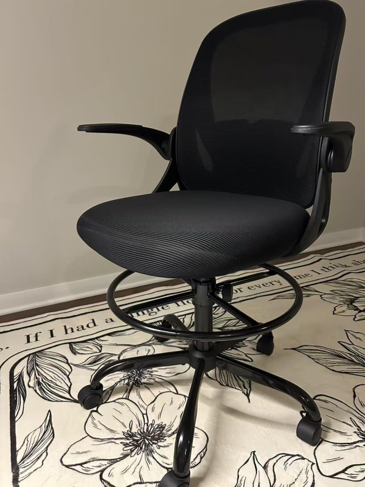 Primy Drafting Chair Tall Office Chair with Flip-up Armrests Executive Ergonomic Computer Standing Desk Chair with Lumbar Support and Adjustable Footrest Ring (Black) - Customer Photo 1