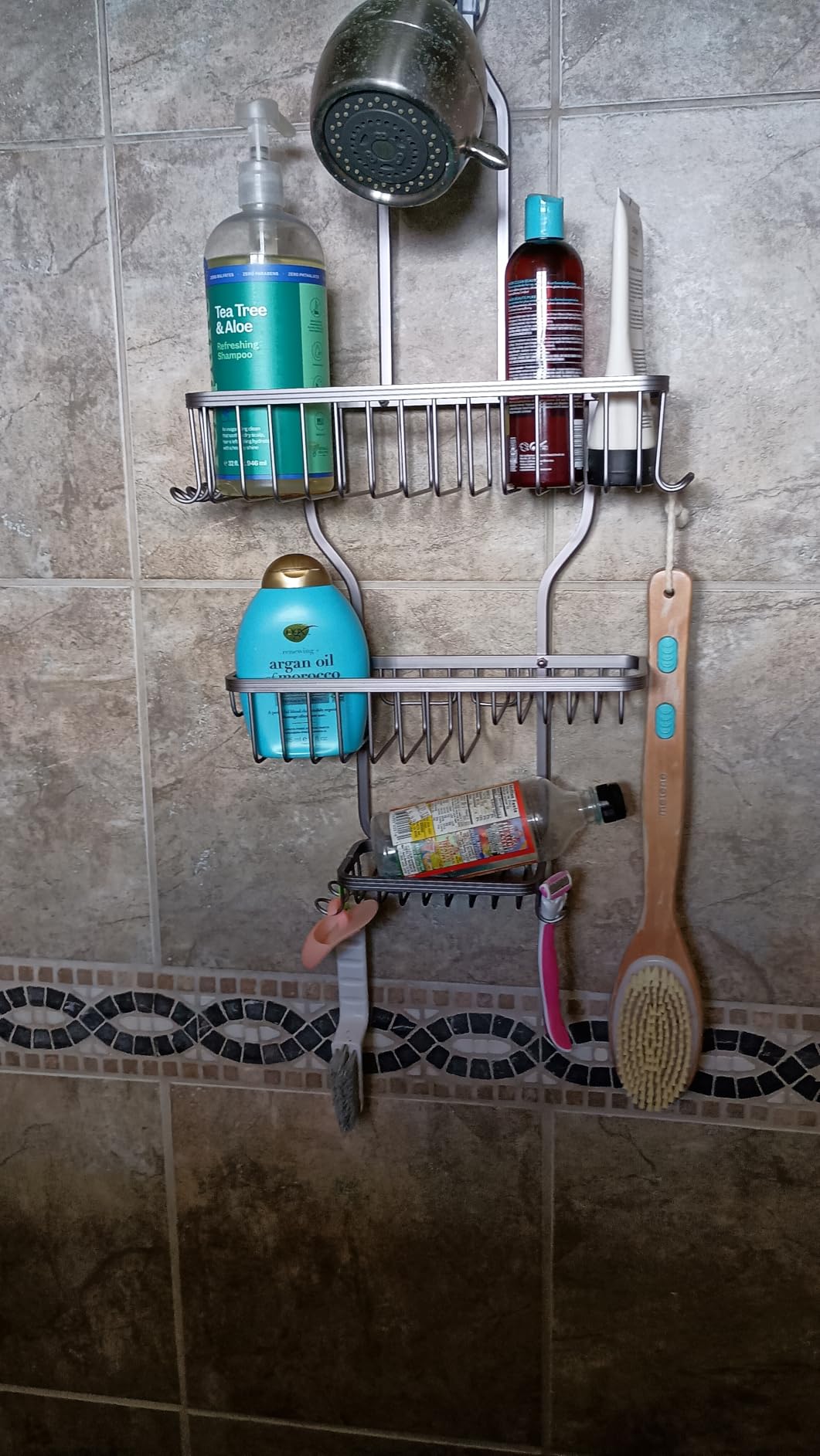 YASONIC Shower Caddy Hanging - Never Rust Shower Organizer - Aluminum Over The Head Caddy with 10 Hooks for Razor/Sponge - Rack with Soap Basket - Silver - Customer Photo 3