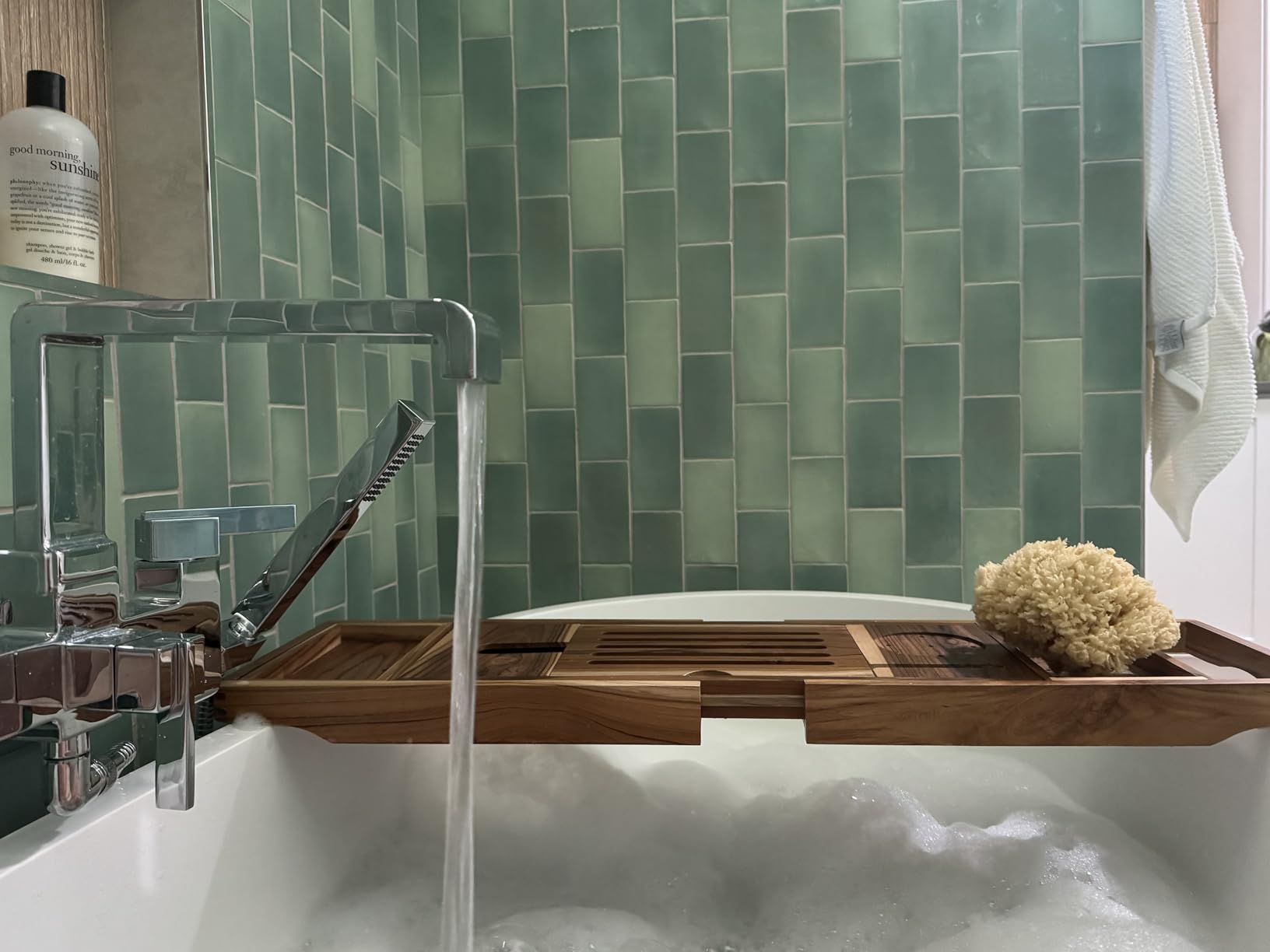 XcE Teak Bathtub Tray Expandable to 105cm with Solid Book Stand and Soap Tray, Teak - Customer Photo 2