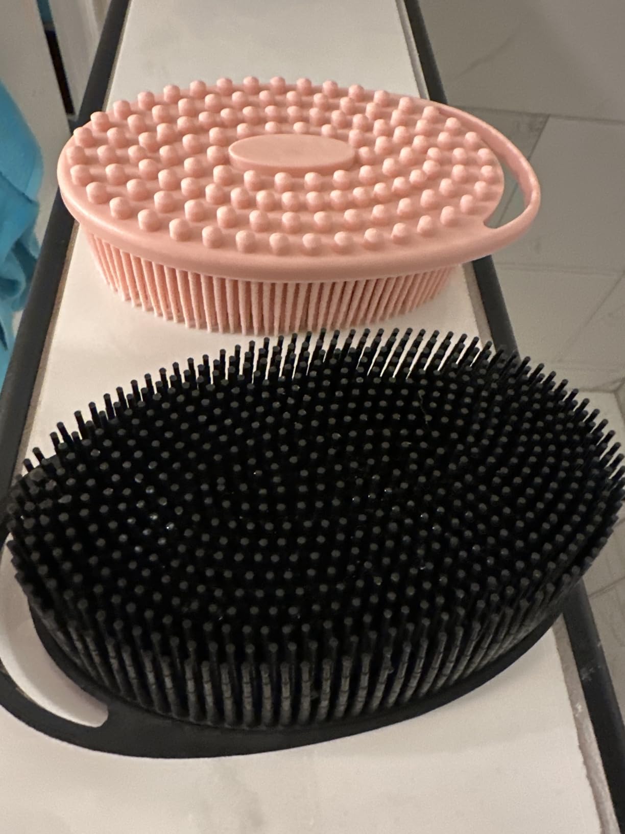 Soft Silicone Body Scrubber 2 PCS Silicone Body Shower, Silicone Loofah 2 in 1 Bath and Shampoo Brush, Body Scrubber Shower Cleaning Exfoliating Use for Sensitive Skin, Lather Well(Black and Pink) - Customer Photo 1