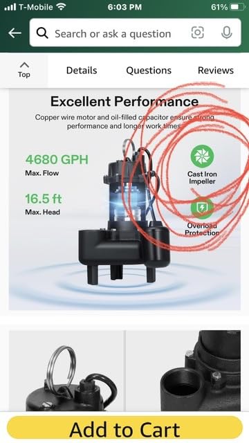 VIVOSUN 3/4HP Submersible Sewage/Effluent Pump, 4680 GPH, Cast Iron Sump Pump with Automatic Adjustable Float Switch & 2'' NPT discharge, Perfect for Sewage System, Septic Tank, Basement - Customer Photo 1