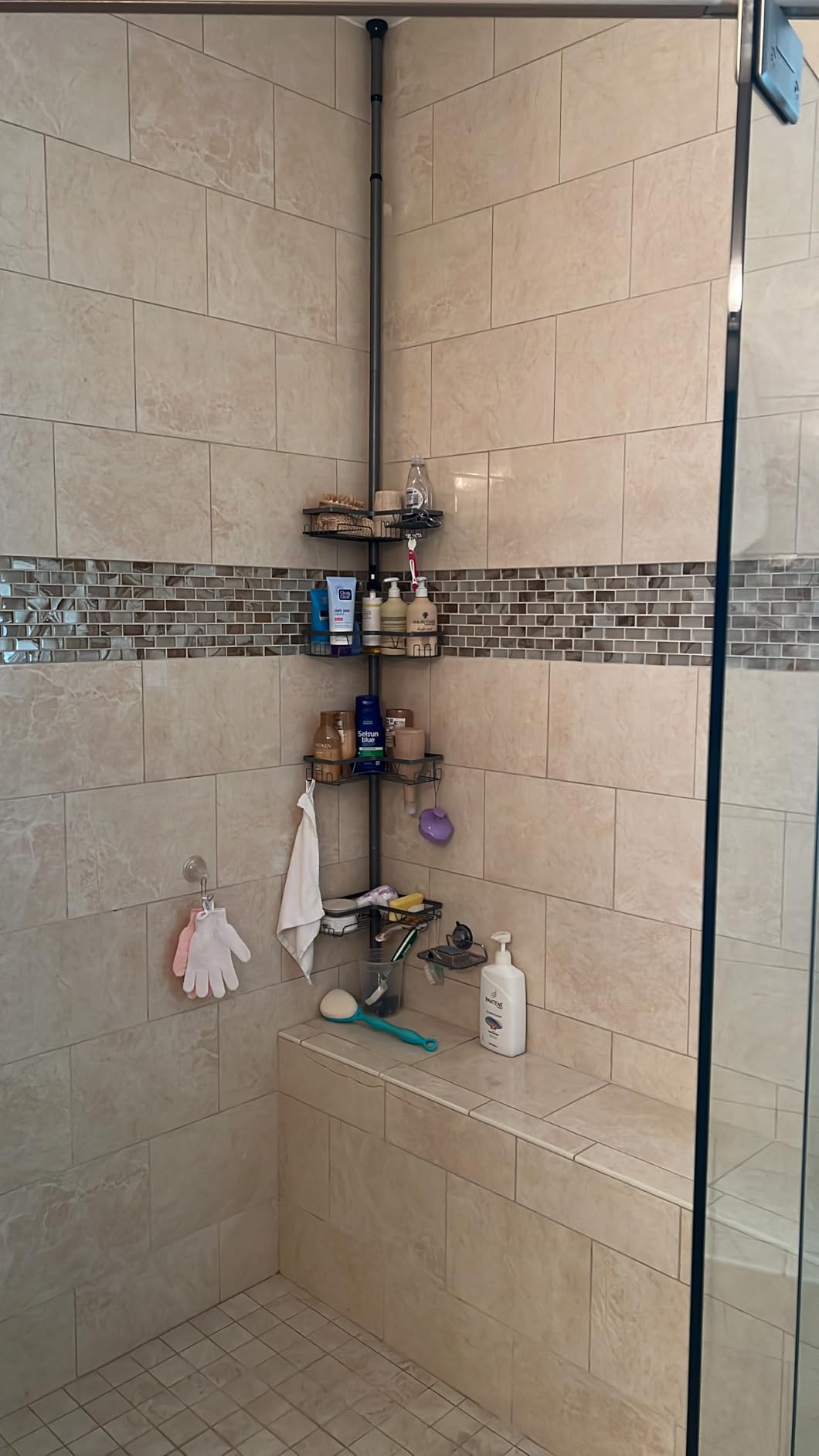 KEGII Corner Shower Caddy Tension Pole - Shower Tension Rod Organizer, Floor to Ceiling Shower Caddy 25-114.2 inch, Towel Rack Corner Waterproof, Black - Customer Photo 4