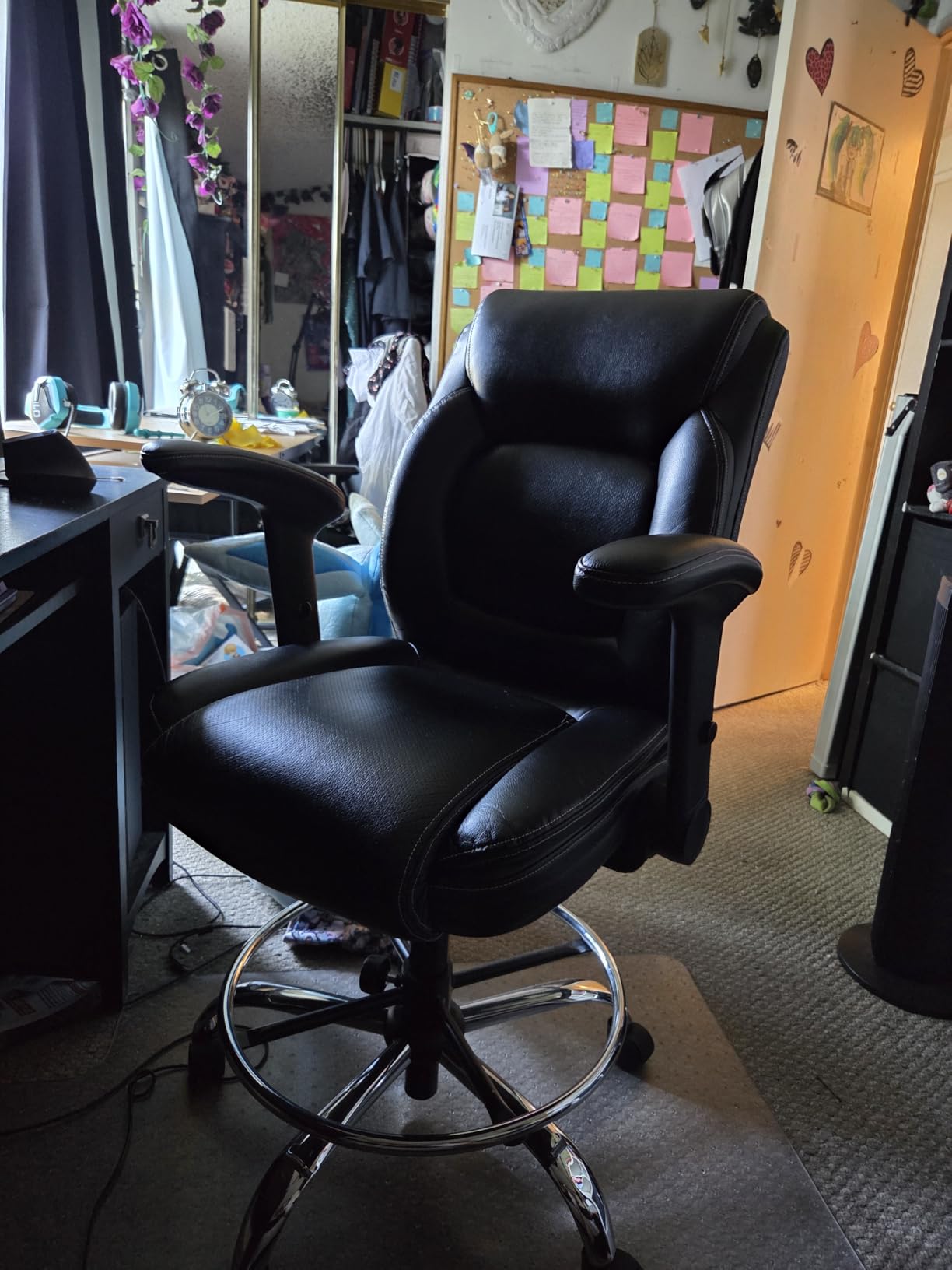 Ergonomic Mid-Back Premium Faux Leather Adjustable Drafting Chair with Multi-Function Arms and Foot Ring, Standing-Desk Matched Tall Swivel Computer Office Stool, Black - Customer Photo 1